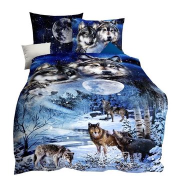 Bettwäsche JACK by Kaeppel 135x200cm Wolf Wölfe Mond, JACK, Mako-Satin, 4 teilig, hochwertiger Digitaldruck mit einem eindrucksvollem Wolfmotiv