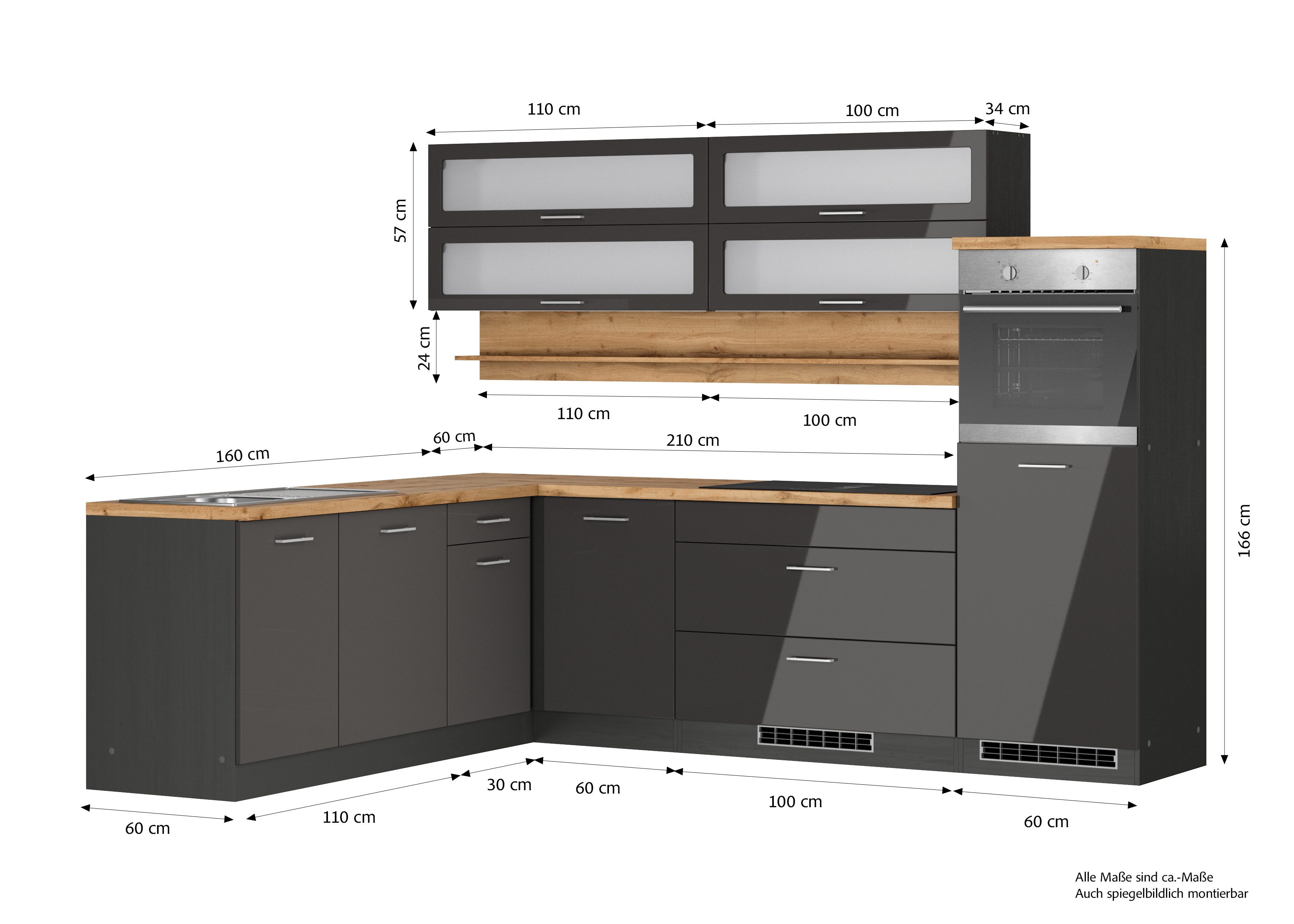 KOCHSTATION Winkelküche KS-Milan, optional mit Muldenlüfter, Stellbr.270/220 cm, wahlweise mit E-Geräten, Kochfeld mit Dunstabzug