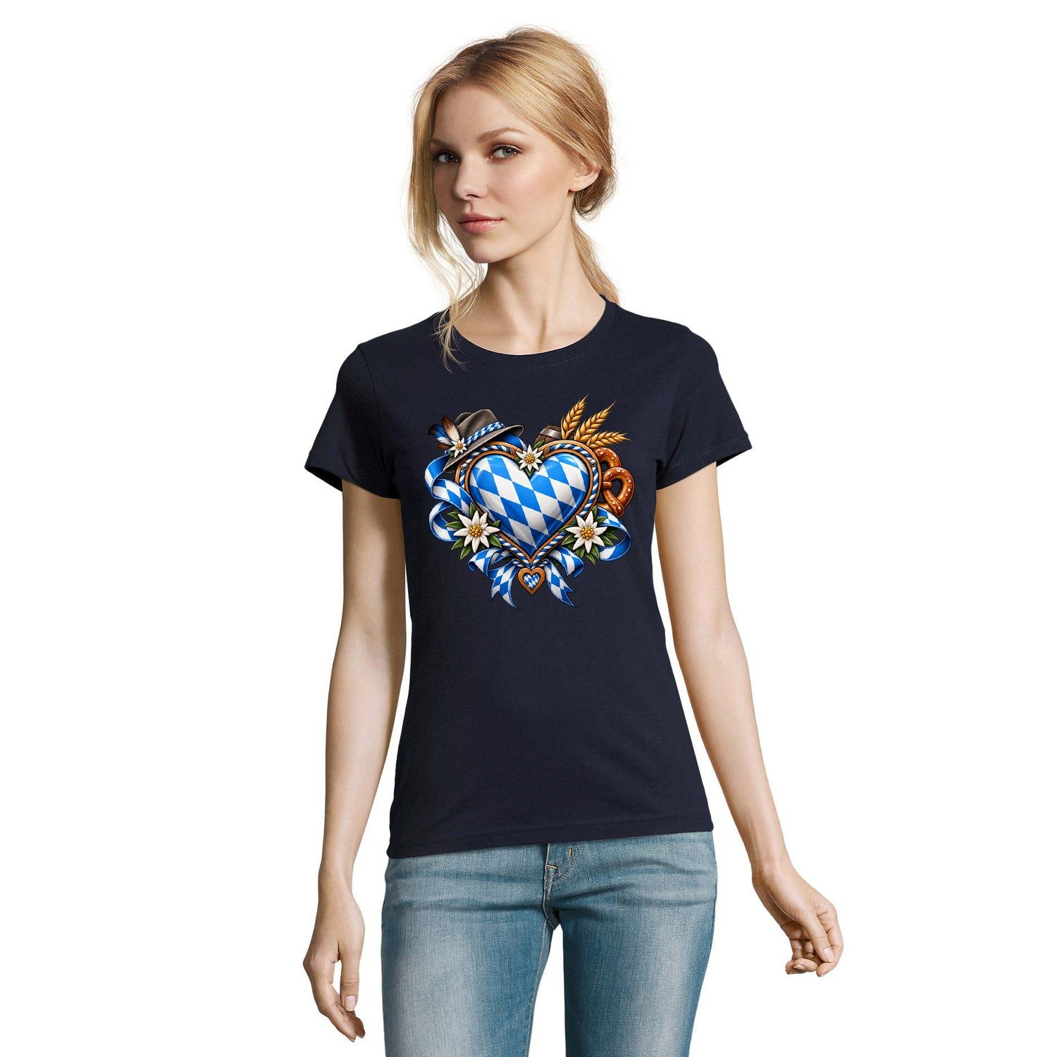 Blondie & Brownie T-Shirt Oktoberfest Damen T Shirt mit bayerischem Herz und Rundhalsausschnitt (Einzelartikel) Alpenraute Festmotiv mit Edelweiß