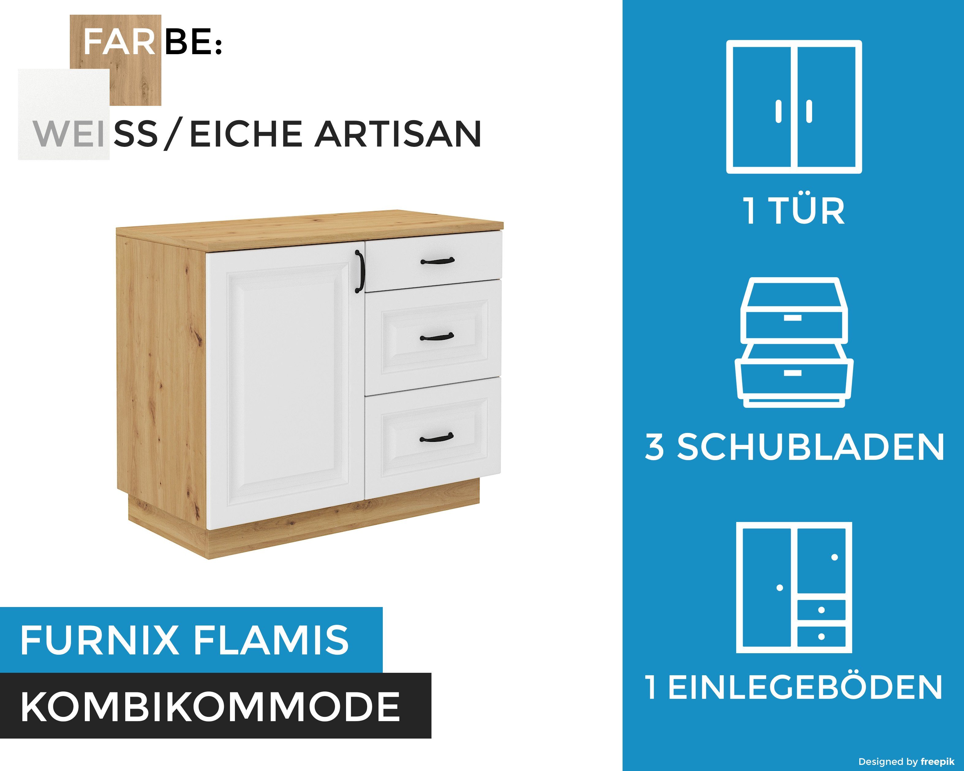 B100 und Sideboard, Kombikommode x Wohnzimmer-Kommode cm Furnix Weiß/Artisan T50 3 Tür, FLAMIS x Schubladen H84 mit