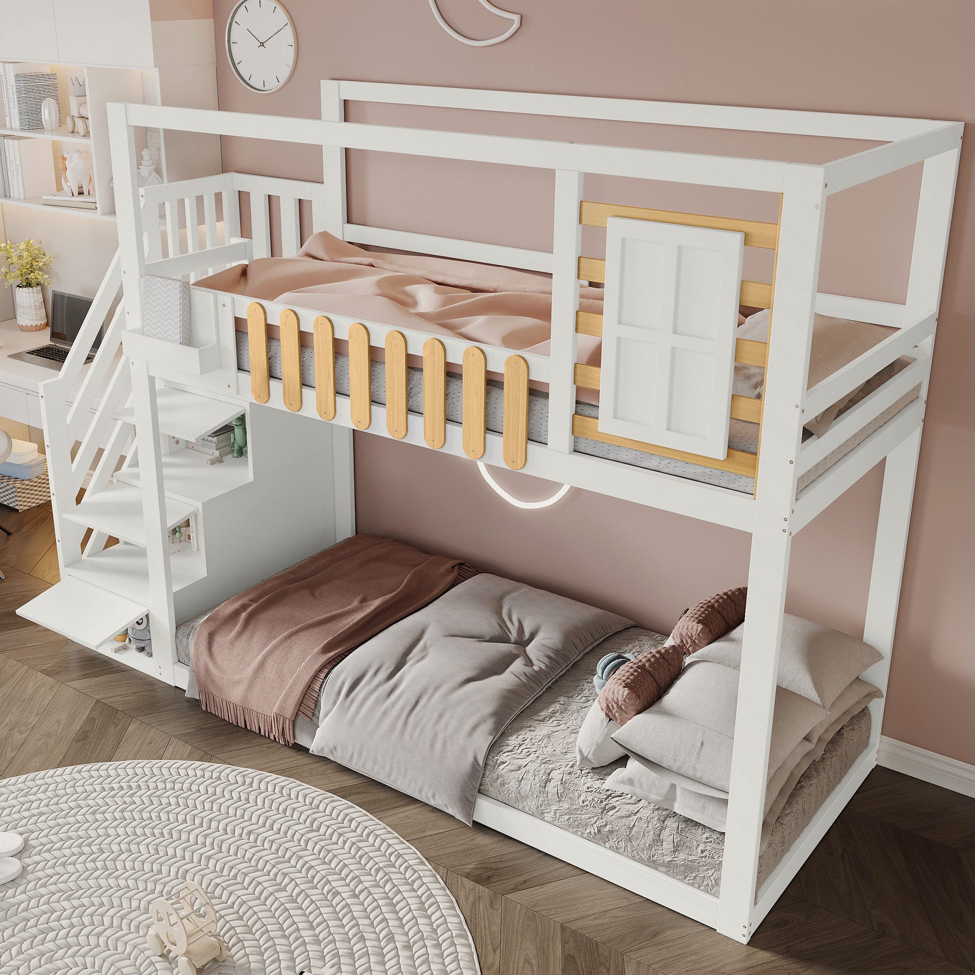 Merax Etagenbett (mit 3 Schließfächer in der Treppe, 1-St., Jugendbett Stockbett Kieferholzbett), Kinderbett 90x200cm mit Fenster Regal Stauraumtreppe & Schließfächern
