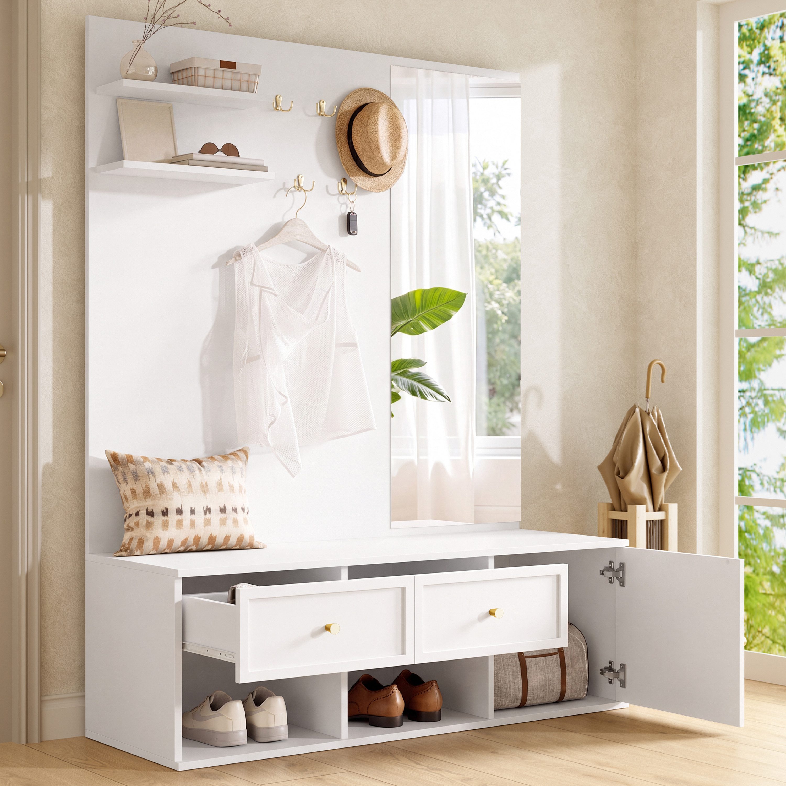 Flieks Garderoben-Set Wandgarderobe mit Schubladen, Schuhregal, Sitzbank, 5 Haken, Spiegel, (B120xT35xH159 cm), Kompaktgarderobe Flurschrank Einganschrank Flurm – Bild 3 von 5