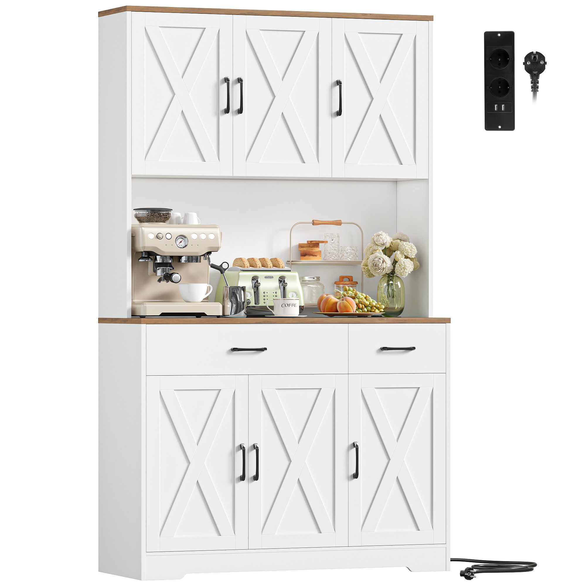 HOMECHO Küchenbuffet Weiß Küchenschrank mit Steckdosen, 6 Türen, 2 Schublad günstig online kaufen