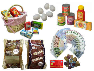 Beluga Kaufladen Großes Kaufladen-Set (Miniatur Lebensmittel + Spielgeld), mit Miniaturen von echten Marken