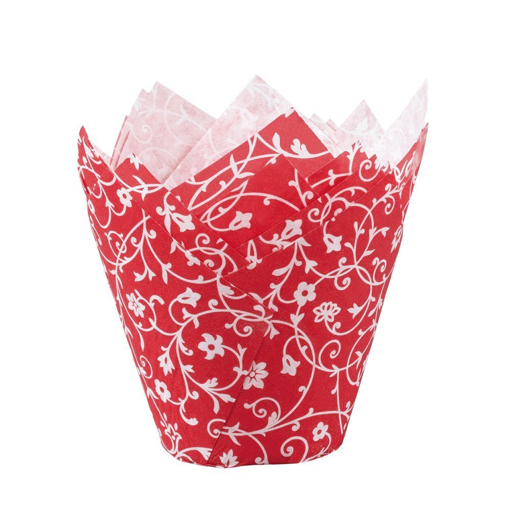 Demmler Muffinform 1616522410, Rot mit weißem Muster, Papier Backform Tulip-Wraps - Inhalt 24 Stück - Made in Germany | Muffinformen