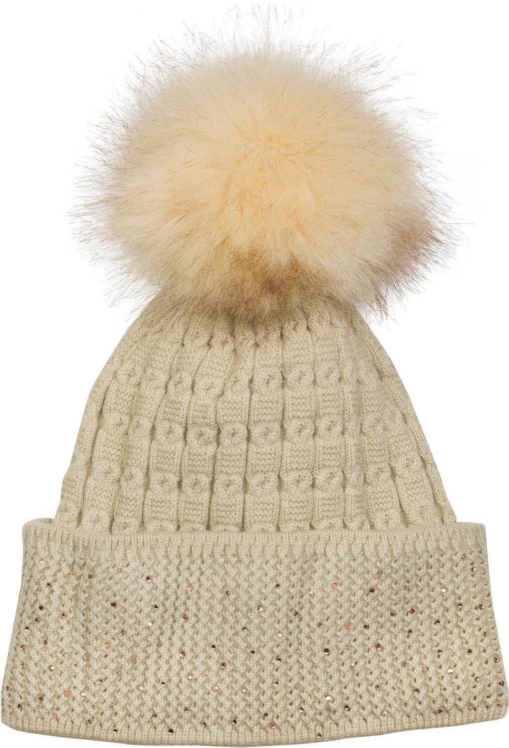 styleBREAKER Bommelmütze Feinstrick Bommelmütze mit Strass (1-St)