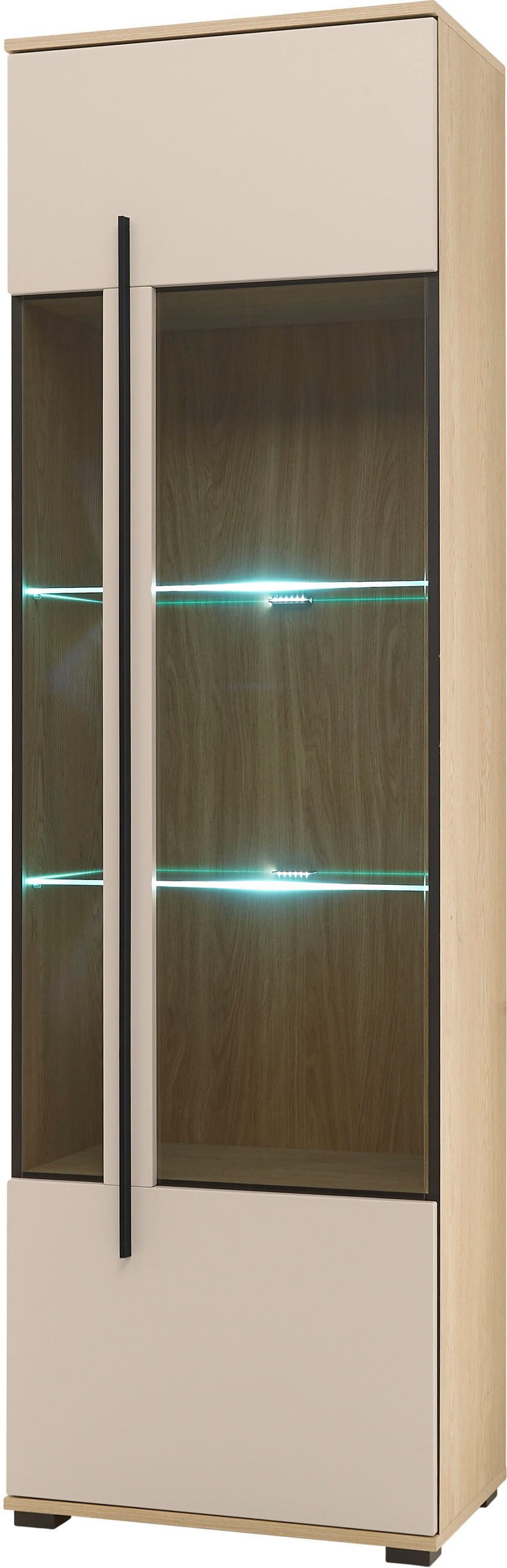 Home affaire Vitrine Cantara, Vitrinenschrank in Eiche Evoke, Weiß o Kaschmir, Standvitrine schwarzer Stangengriff, ausreichend Stauraum, vielseitig einsetzbar