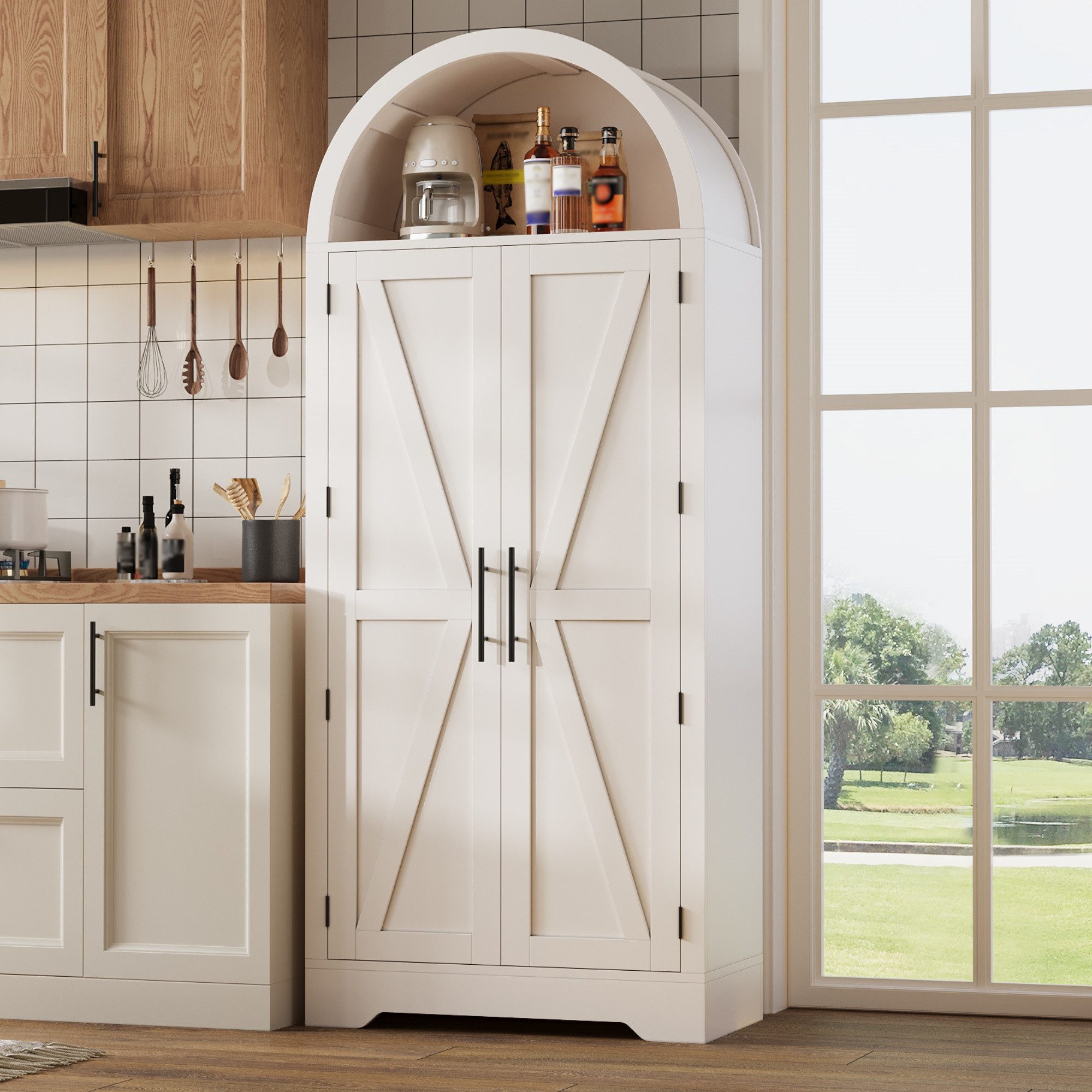 Flieks Hochschrank mit verstellbarer Einlegeböden und offenem Oberfach in Landhausstil (170×70×35 cm, 1-St) gewölbter Mehrzweckschrank Küchenschrank Highboard Küchenbuffet Weiß
