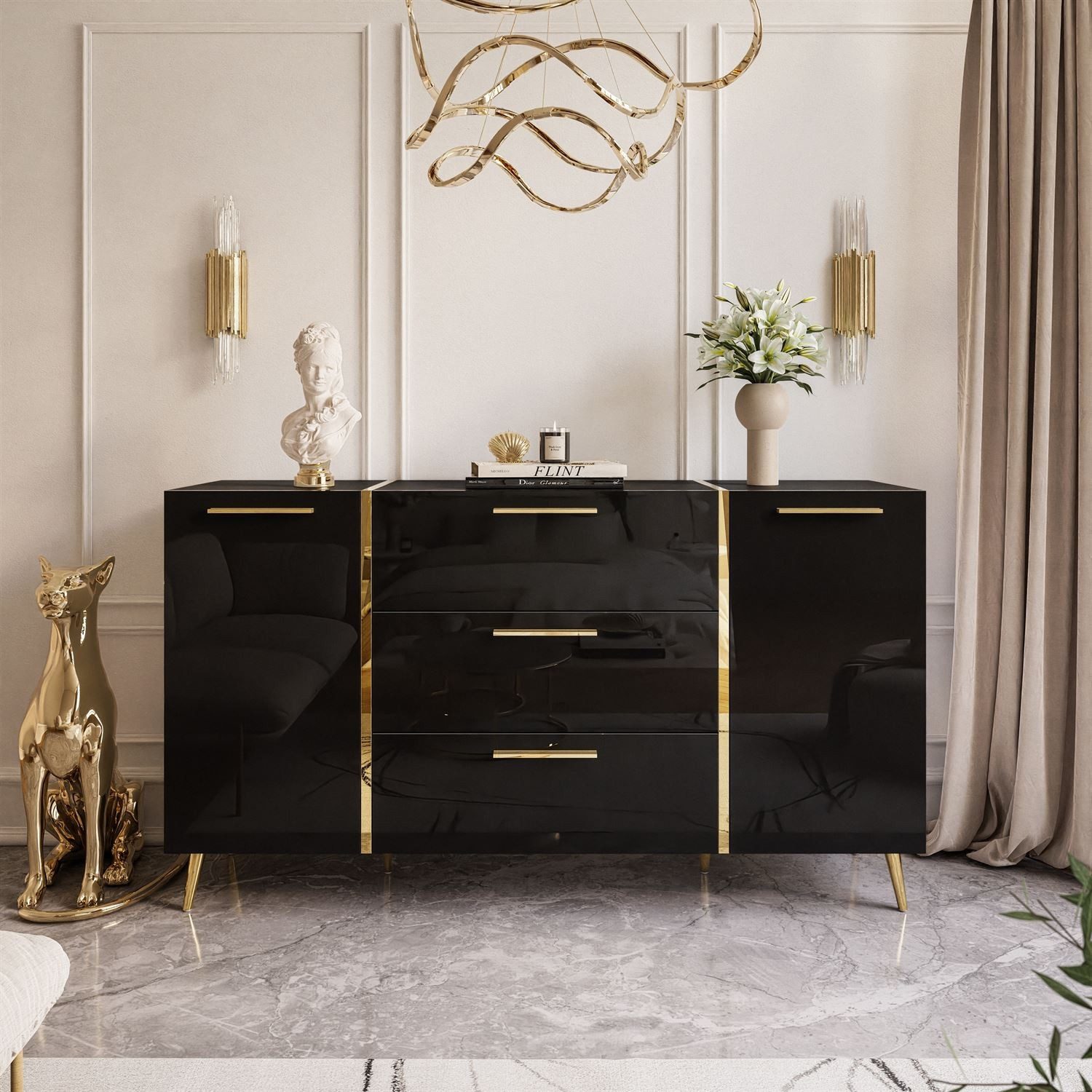 Lookway Kommode ONYX goldene Beine Hochglanz Push-Open / Goldgriffe 158 cm, 158x41x88 cm – Bild 2 von 5