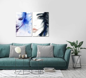 Sinus Art Leinwandbild 2 Bilder je 60x90cm Frauen Porträt volle Lippen Blau Malerisch Aquarell Fantasie Traumhaft