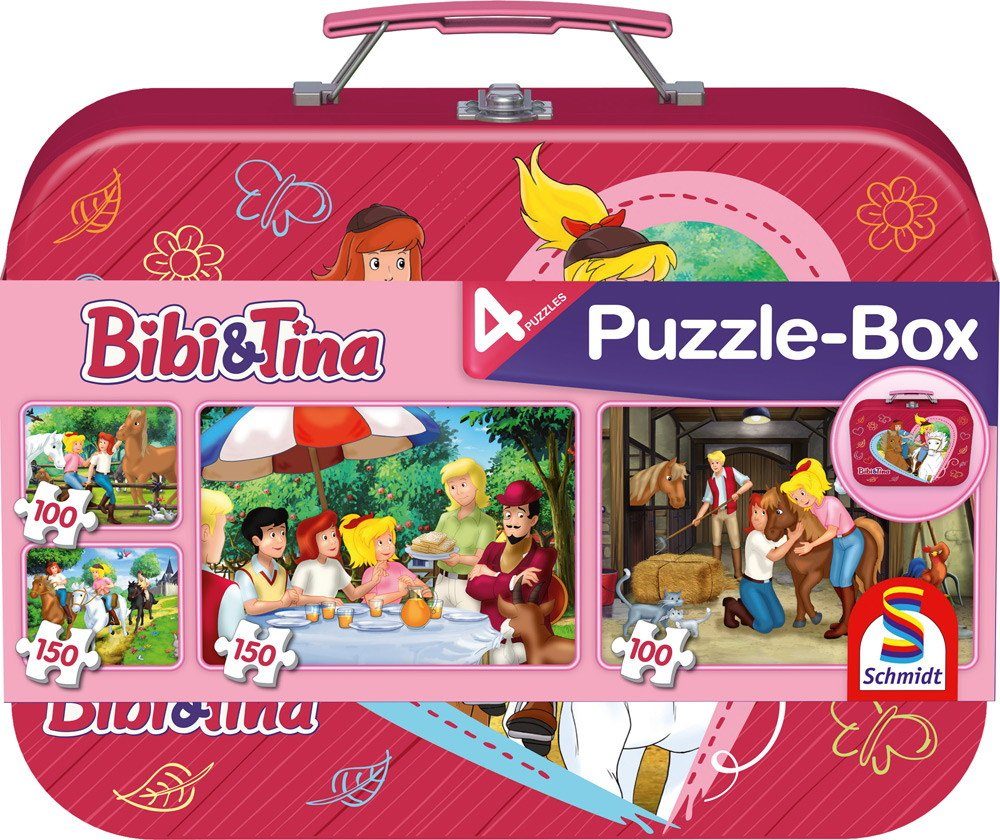 Schmidt Spiele Puzzle 2 x 100 + 2 x 150 Teile Kinder Puzzle Bibi & Tina Metallkoffer 56509, 100 Puzzleteile