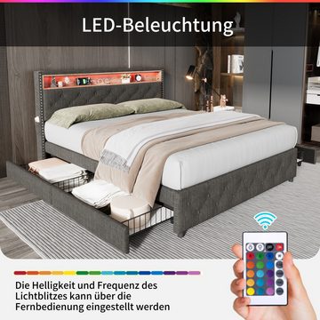 MODFU Polsterbett Doppelbett (LED-Bett, Nachttisch-USB-Schnittstelle, Polsterbett mit 4 Schubladen), 140*200 cm, Ohne matratze