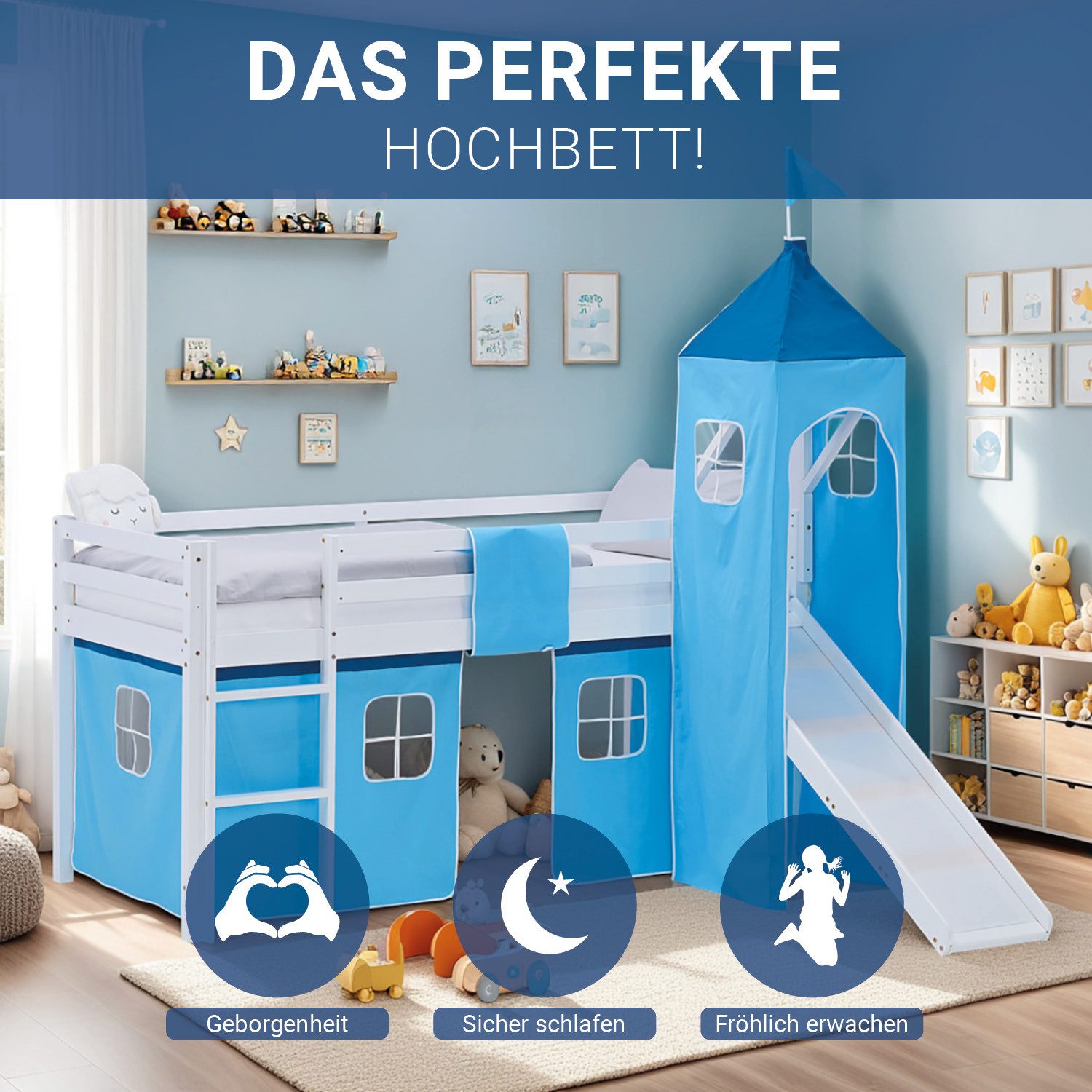 Homestyle4u Hochbett 90x200 Vorhang Kinderbett Holz günstig online kaufen