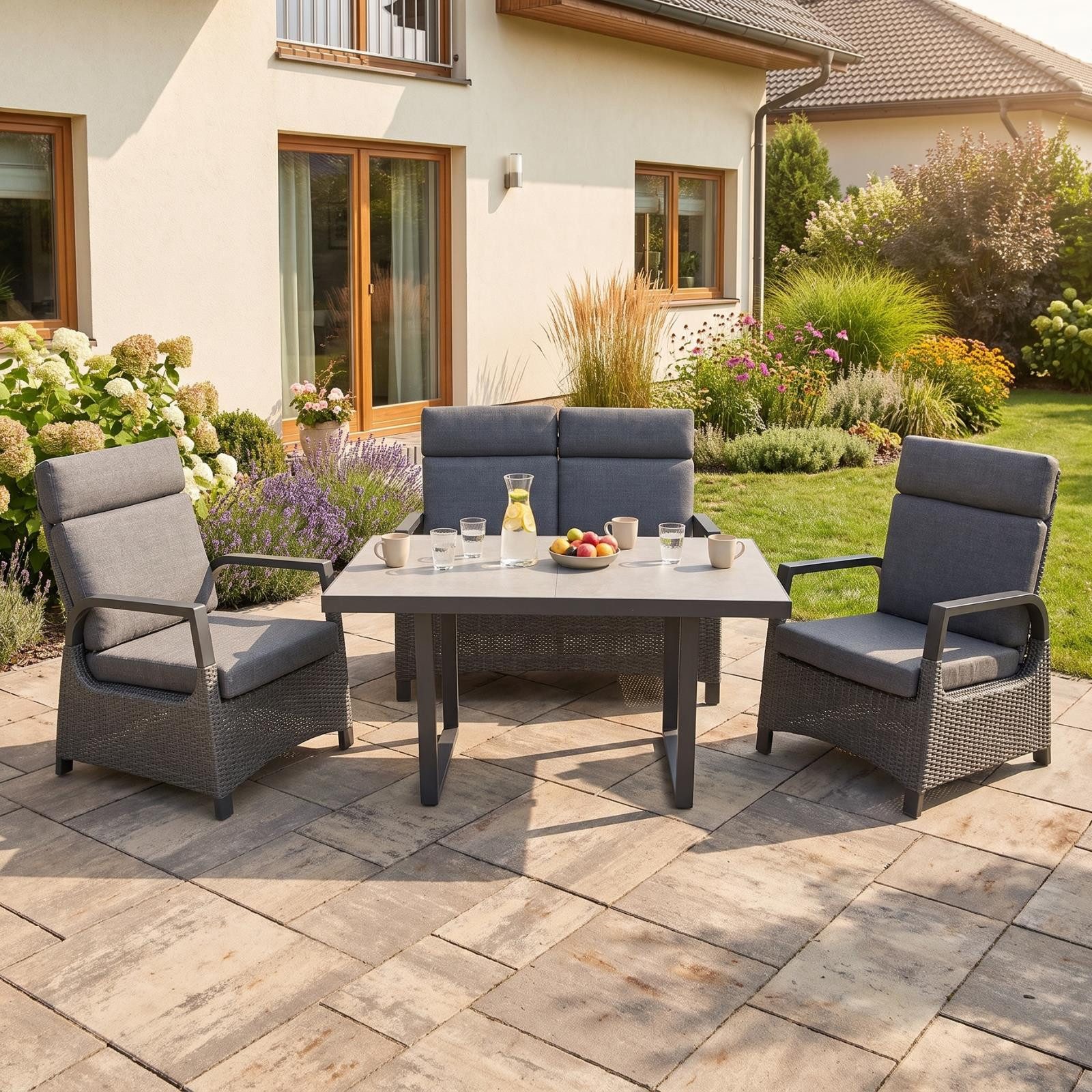 bellavista - Home&Garden® Gartenlounge-Set Lounge-Set Orlando Grau Aluminium Polyrattan 4 Personen, (Set, 4-tlg., 1x 2-Sitzer Sofa, 2x Sessel, 1x Tisch, inkl. Auflagen), grau, Aluminium, für 4 Personen, wetterfest - Garten, Terrasse, Balkon