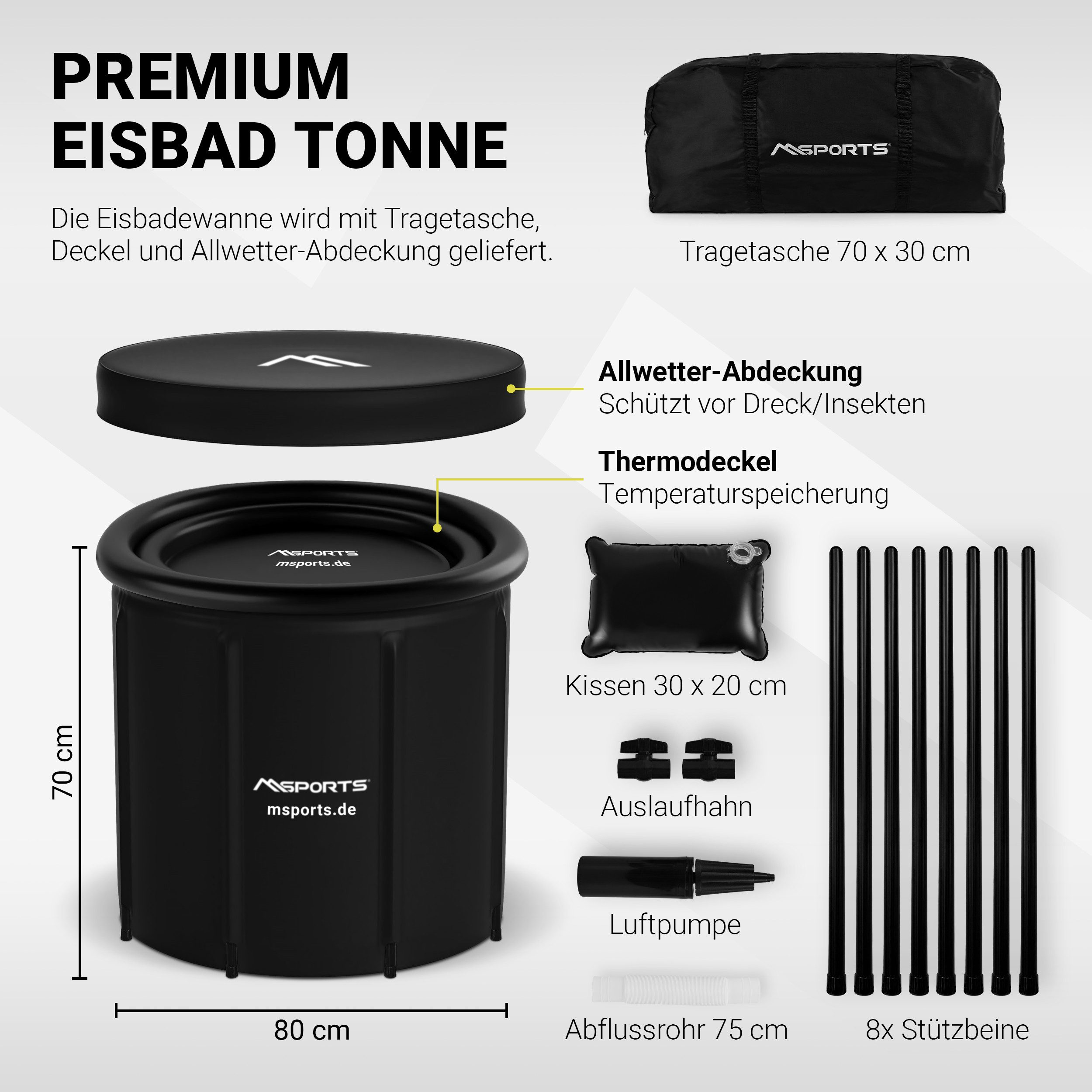 MSports® Eiseimer Eisbad Premium 80 cm inkl. Tasche, Thermodeckel, Luftpumpe, Kopfkissen