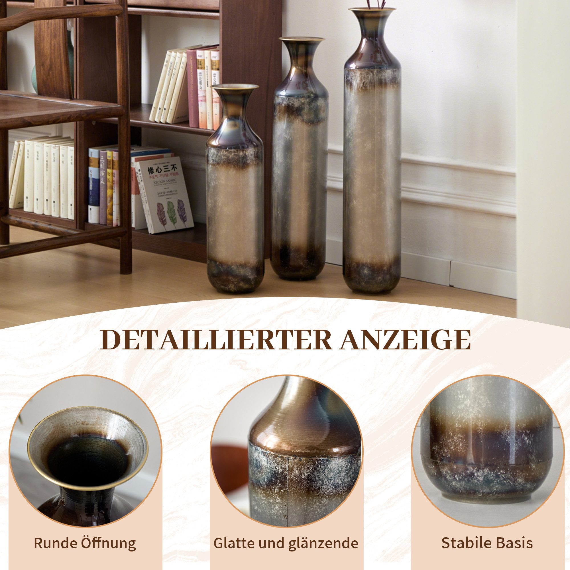 KLAM HOME Bodenvase Große Bodenvase 3er Set aus Metall, (50/65/83 cm), Mid-Century Modern (Dekovase Boden bis zur Decke reichende Vase, hohe dekorative Vase), Vintage Deko, Dekorative Vase für Wohnzimmer, Flur und Schlafzimmer