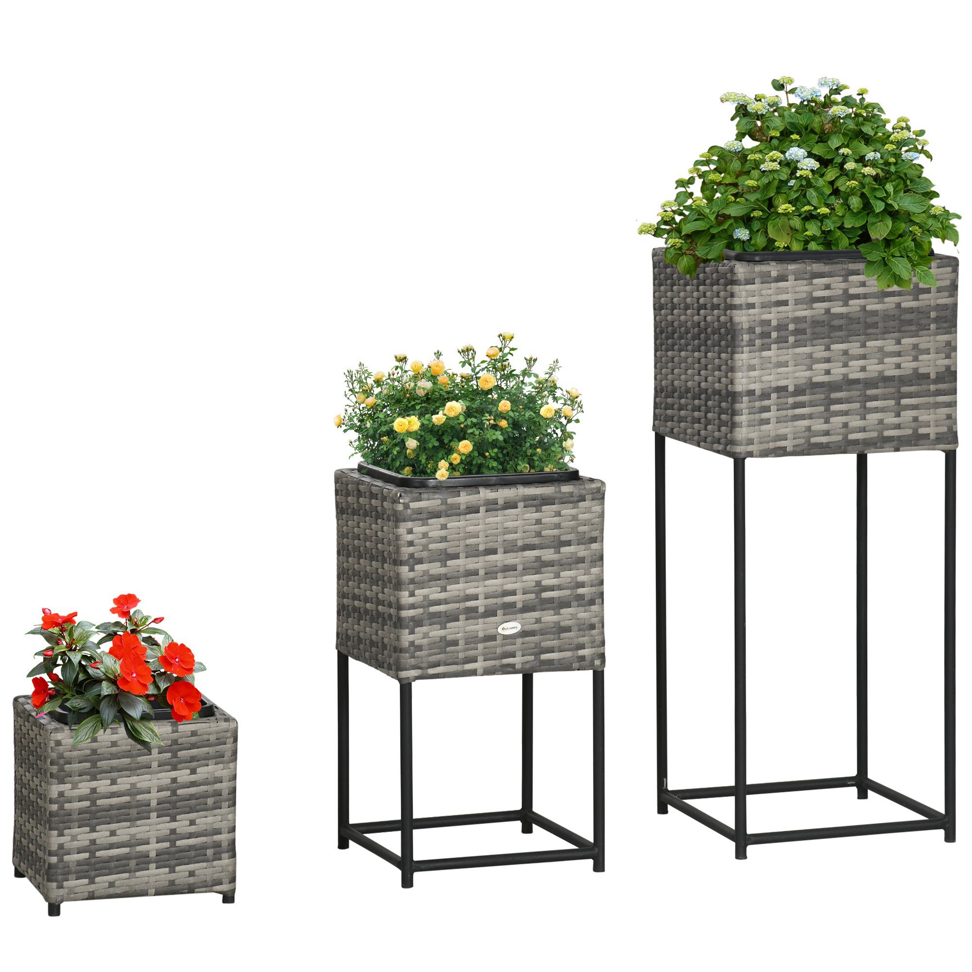 Outsunny Hochbeet Rattan Blumenkasten mit Ständer (blumenkübel, 3 St