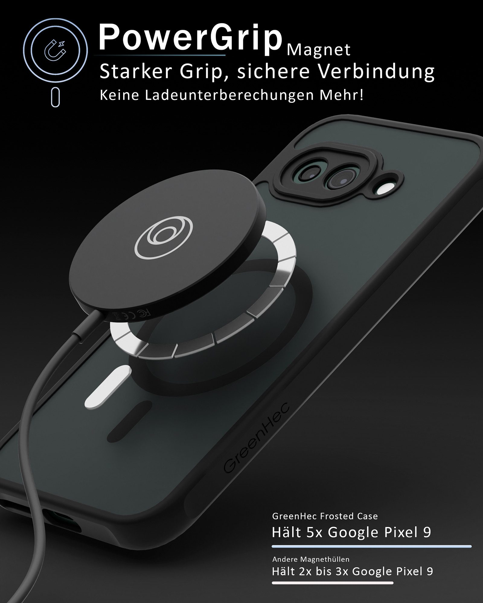 GreenHec Handyhülle Google Pixel 9a Hülle MagSafe Case Magnetisch Cover Schutzhülle Black 6,3 Zoll, Schwarz Magnet Cover, Stoßfest - Handyhülle mit Kameraschutz