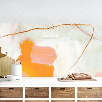 Bilderdepot24 Küchenrückwand orange dekor Abstrakt Aquarell Kunst Ravel I Wandverkleidung Küche, (1-tlg., Nischenrückwand - für Fliesenspiegel ohne Bohren - matt), Spritzschutz Rückwand Küche Herd - Folie selbstklebend versch. Größen