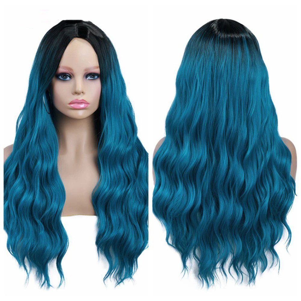 Housruse Kunsthaarperücke Ombre Blaue lange Damenperücke mit welligem Haar