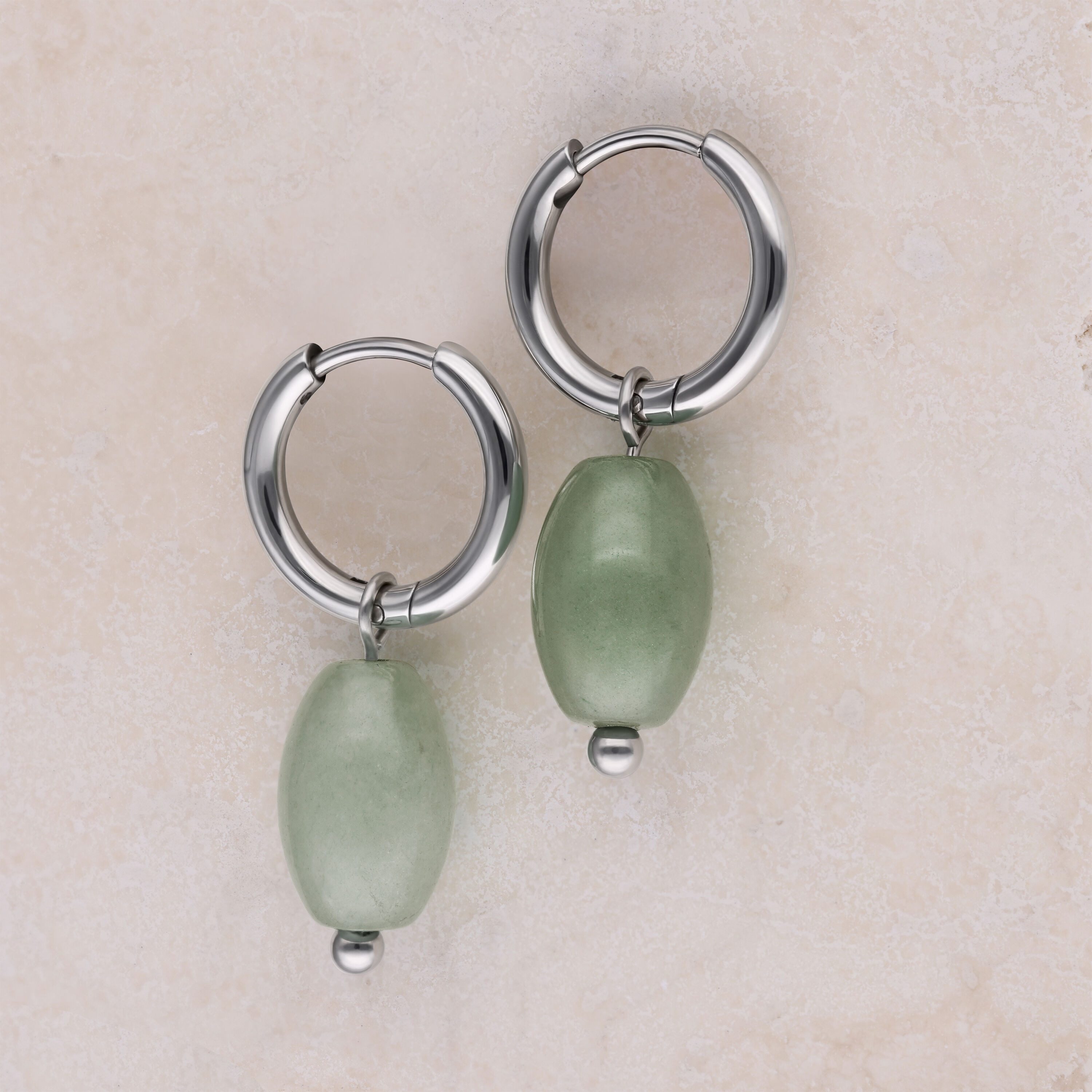 Wildcat Paar Ohrhänger Little Natural Stone Drop Hoops - Silber, Zeleni aventurin, Chirurgenstahl 316L - wasserfest, langlebig, hautverträglich – Bild 4 von 5