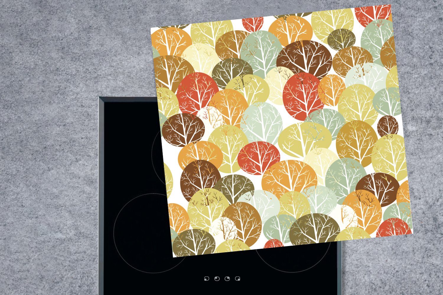 MuchoWow Ceranfeldabdeckung, cm, Bäume, 78x78 Arbeitsplatte - Vinyl, (1 küche Illustration - Herdblende-/Abdeckplatte Herbst für tlg),