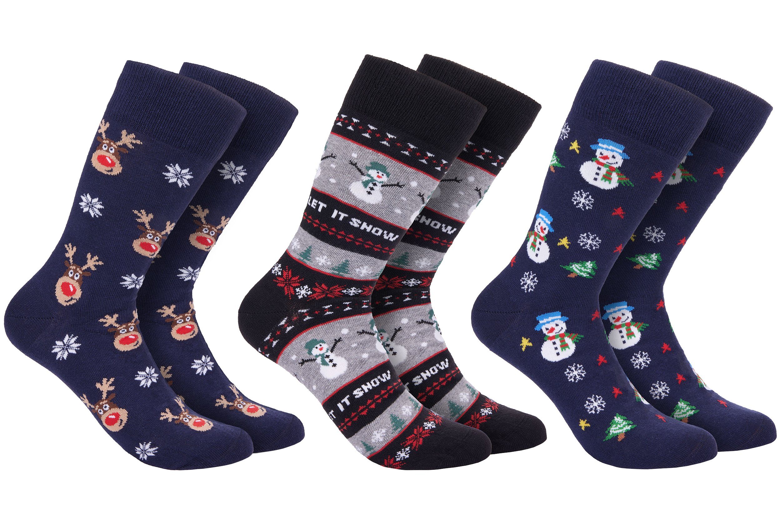 BRUBAKER Носки Weihnachtssocken - Забавные носки für Damen und Herren (3-Paar, Unisex Baumwollsocken) Schneemann, Rentier und Let It Snow