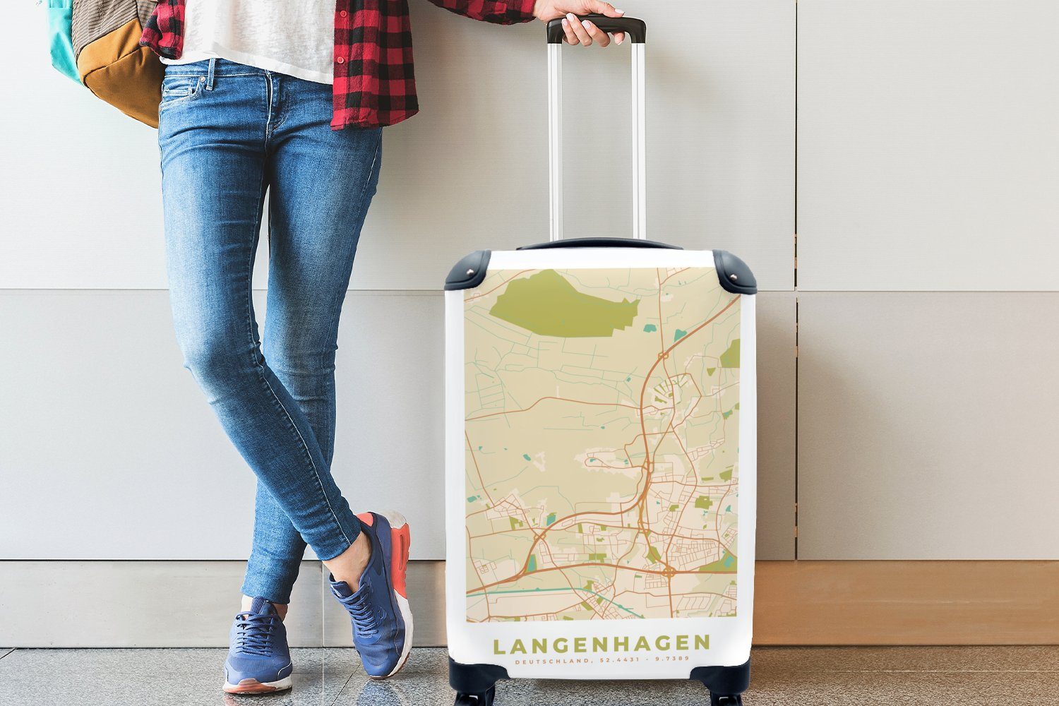 Handgepäck 4 MuchoWow rollen, für Reisekoffer Karte - Reisetasche Langenhagen Trolley, Rollen, mit Vintage, - Stadtplan - Ferien, Handgepäckkoffer