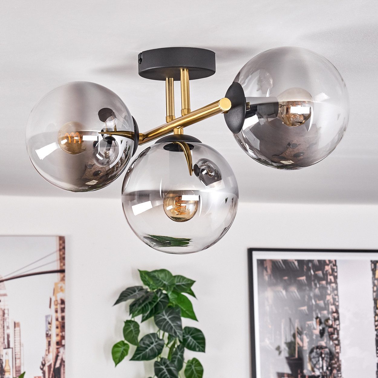 hofstein Deckenleuchte Deckenlampe aus Metall/Glas in Schwarz/Gold-/Rauchfa günstig online kaufen