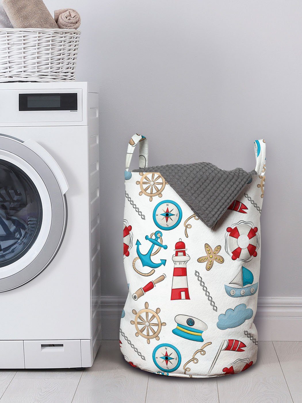 Waschsalons, Nursery mit Marine Wäschesäckchen Objekte für Kordelzugverschluss Nautisch Abakuhaus Wäschekorb Griffen