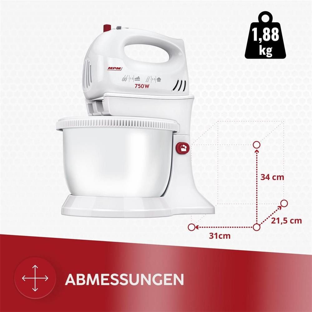 MPM Handmixer MPM MMR-16Z Handmixer mit rotierender Schüssel 750 W Weiß, 5 Geschwindigkeitsstufen, Turbofunktion, Standfuß