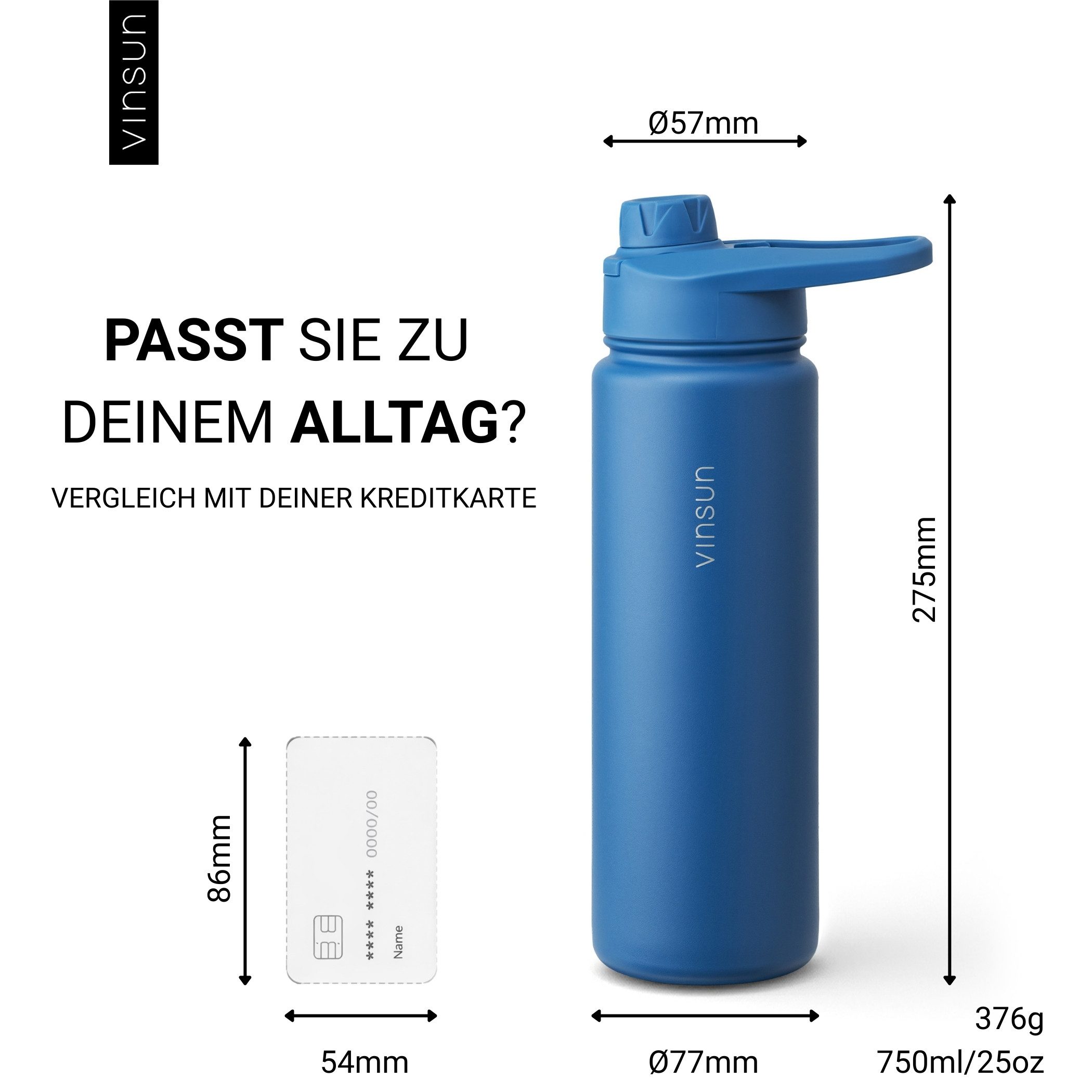 Vinsun Isolierflasche Edelstahl Trinkflasche 750ml Strohhalm - 2 Deckel Thermoflasche, BPA frei, doppelwandig, auslaufsicher, bruchsicher, geruchsneutral