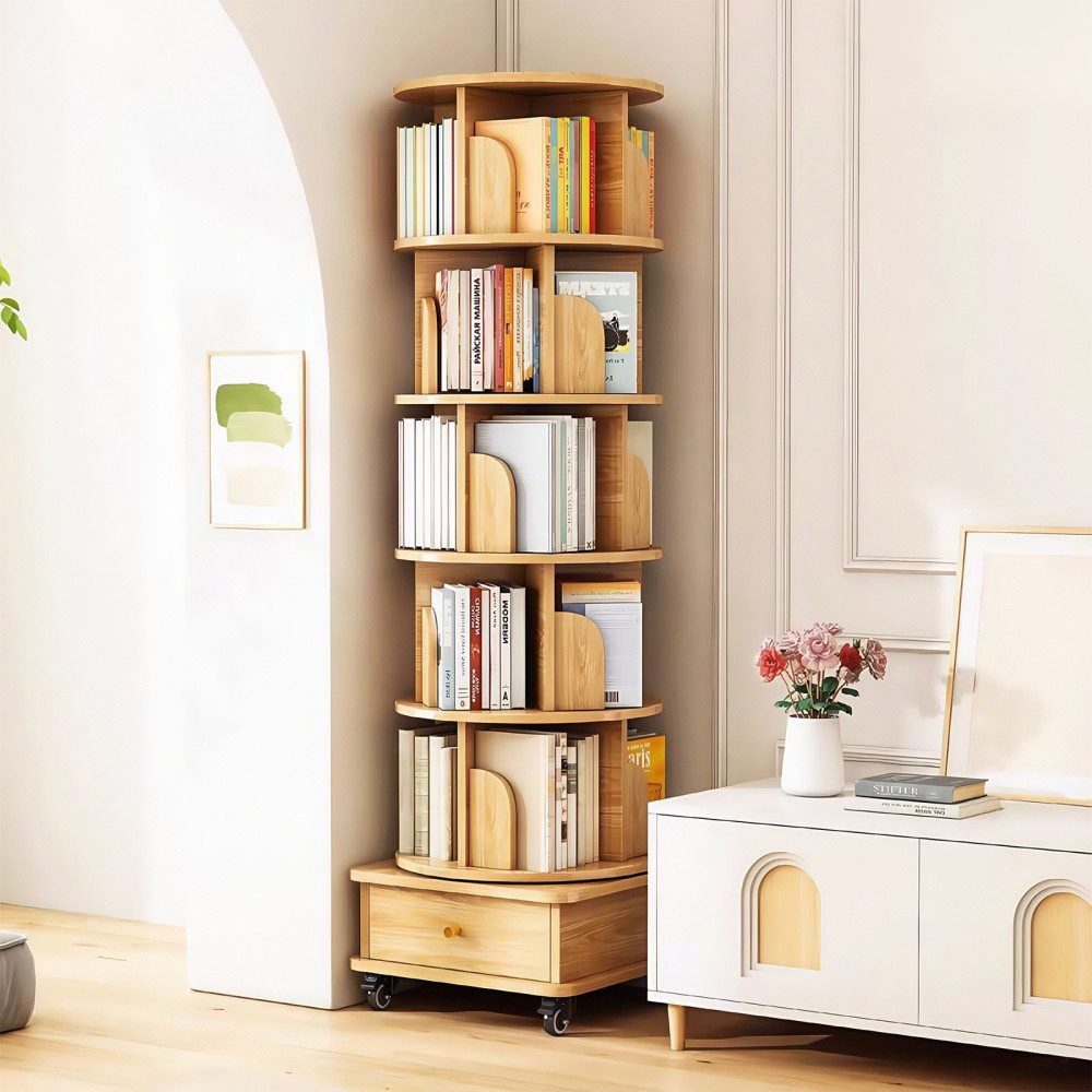 BBWL Bücherregal mit 6 Ebenen, Schublade und Rollen, platzsparender Bücherturm, Drehbares Bücherregal 360° aus MDF, für kleine Räume
