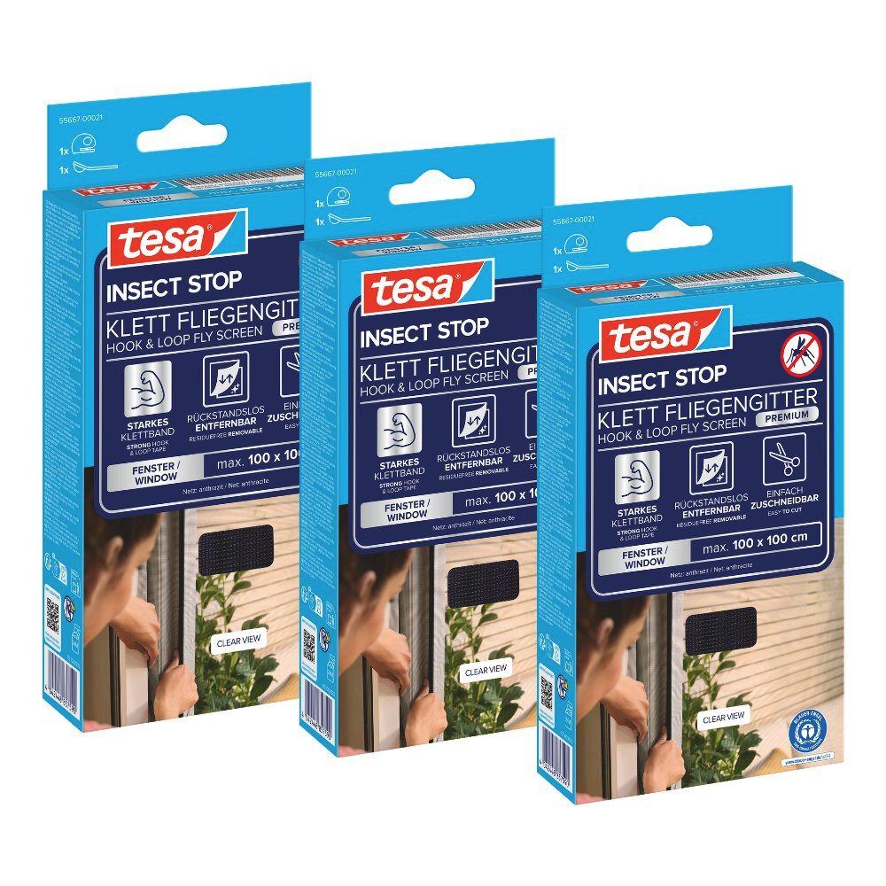 tesa Insektenschutz-Fensterrahmen Klett Fliegengitter Premium für Fenster, Insektenschutz, ohne bohren, (Komplett-Set, 3-St., zuschneidbar, selbstklebend - 100 cm x 100 cm - Anthrazit), Mückenschutz mit starkem Klettband, rückstandsfrei entfernbar