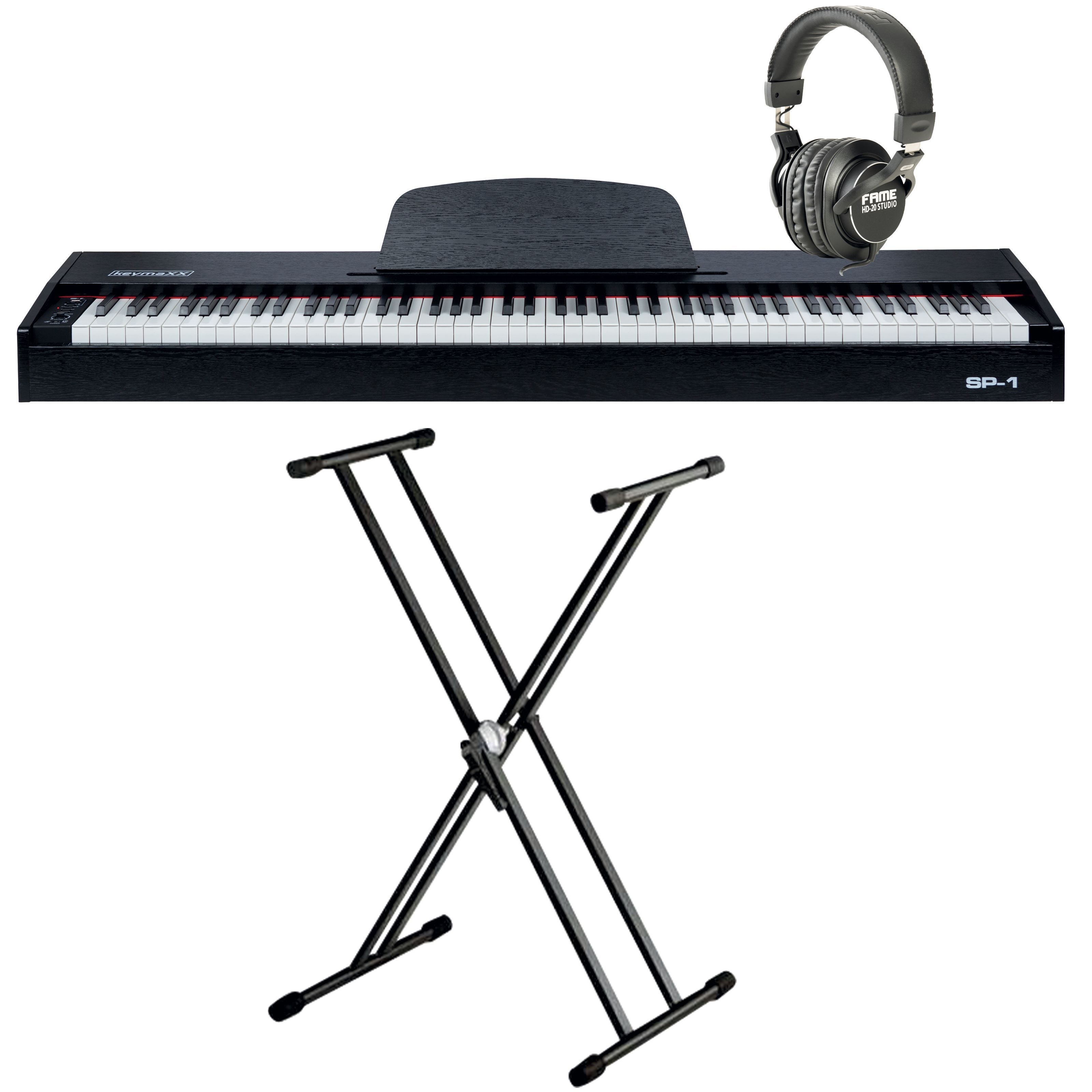 keymaXX Stagepiano (SP-1 Stagepiano-Set 88 Tasten Hammermechanik USB MIDI 128-fache Polyphonie inklusive Ständer und Kopfhörer, Stage Pianos, Stage Piano-Sets), Stagepiano, 88 Tasten Hammermechanik, USB MIDI