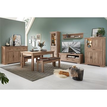 Lomadox Wohnzimmer-Set VADUZ-36, (Mega-Spar-Set, 8-St., Vitrine Highboard Sideboard Lowboard Wandboard Ausziehtisch Bänke), Esszimmer Set, Eiche, optional mit Wiener Geflecht, inkl. Beleuchtung