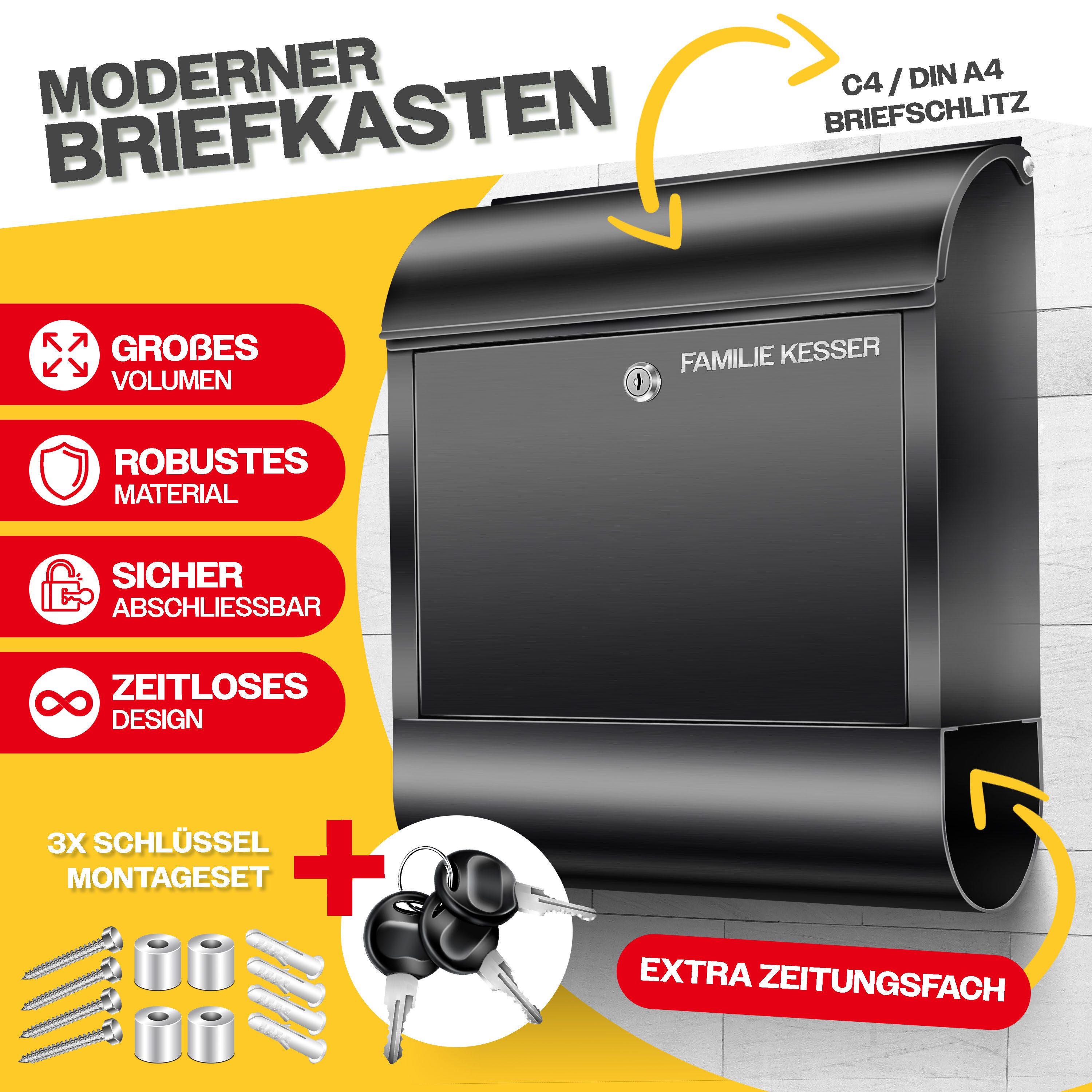 KESSER Briefkasten XXL Wandbriefkasten aus Edelstahl mit Zeitungsfach & 3 Schlüssel, Wandmontage, abschließbar, inkl. Montagematerial