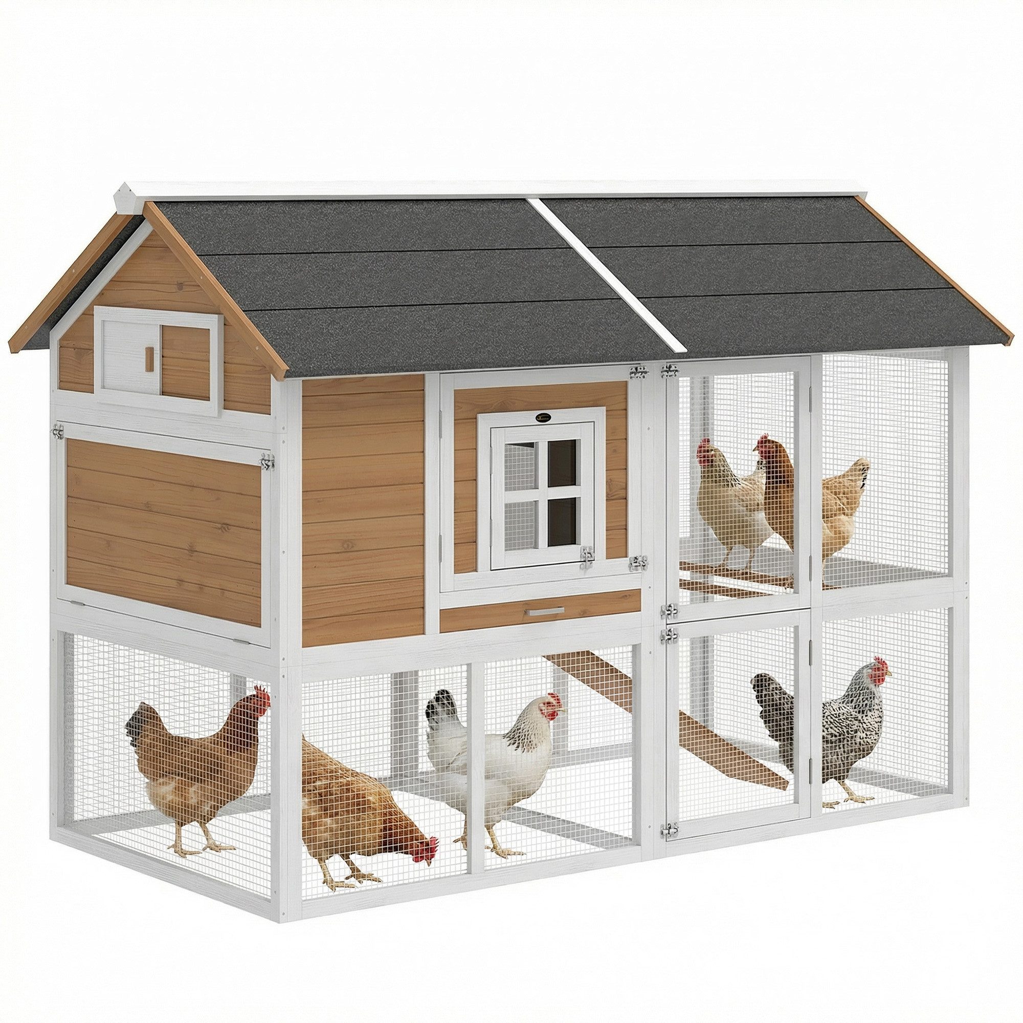 PawHut Hühnerstall Hühnerhaus mit Auslauf Nistkasten herausziehbarem Tablett Asphaltdach, aus Holz für 4 Hühner 200 x 104 x 145 cm Braun