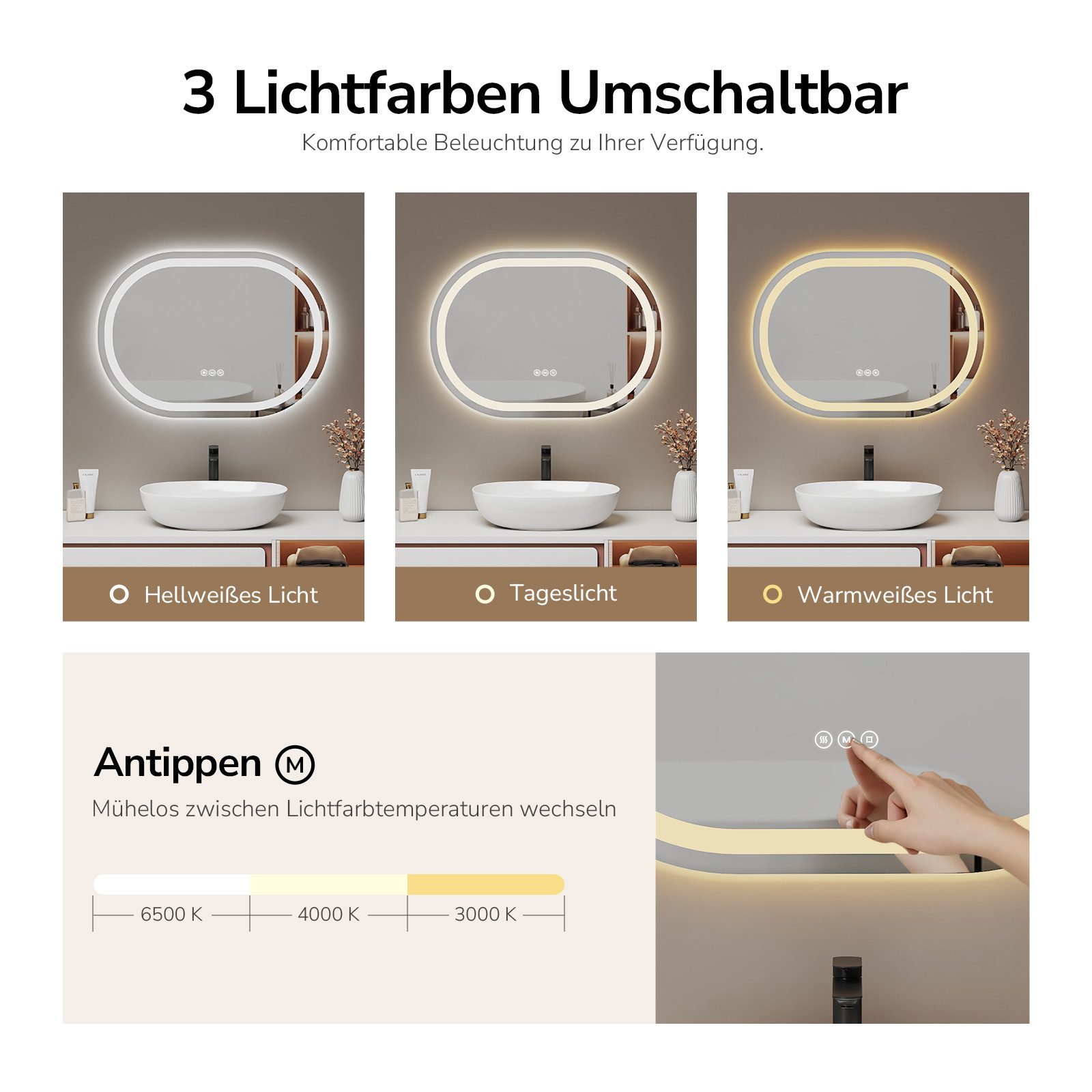 EMKE Badspiegel badspiegel mit beleuchtung oval, horizontal/vertikal mit Auto-Aus, 3 Lichtfarben, dimmbar, Antibeschlag, Touch, Memory, IP44, 70 × 60 cm