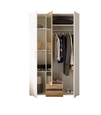 möbelando Kleiderschrank Hanau (BxHxT: 120x196x54 cm) in Weiß / Artisan Eiche mit 2 Schubladen und 3 Türen