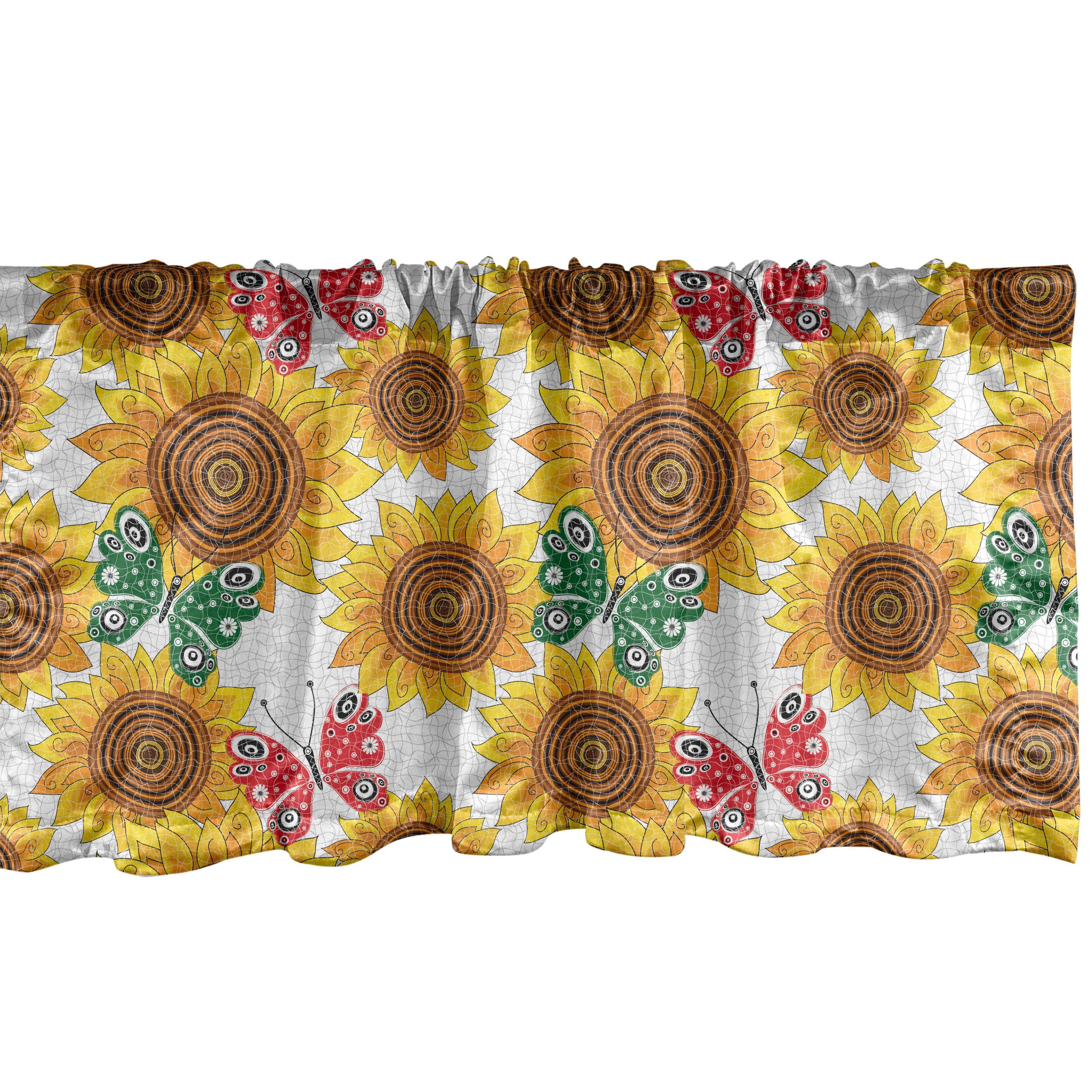 Scheibengardine Vorhang Volant für Küche Schlafzimmer Dekor mit Stangentasche, Abakuhaus, Microfaser, Blumen Schmetterlinge und Sonnenblumen