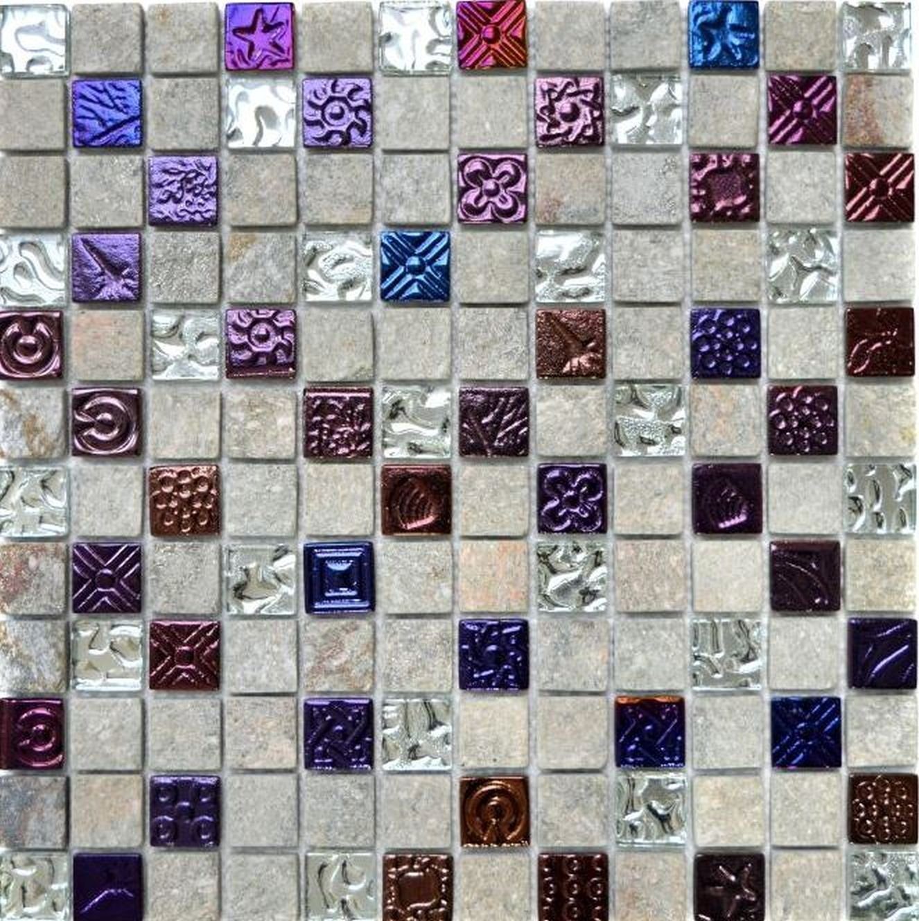 Mosani Mosaikfliesen Kunststein Rustikal Mosaikfliese Glasmosaik Quarzit hellgrau silber