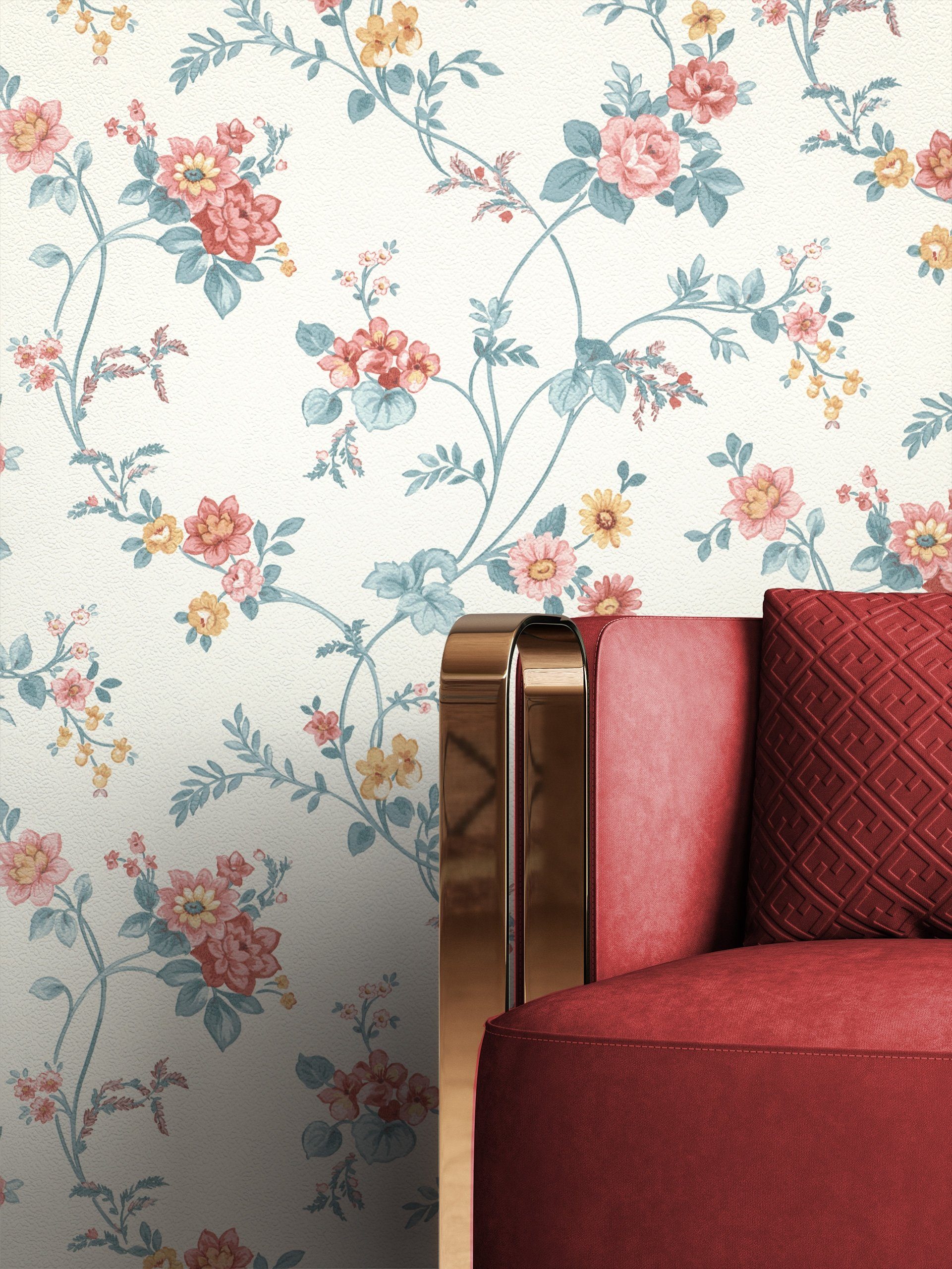 Newroom Vliestapete Luciana Tapete Blumentapete Blumen,Blüten,Wiese, Weiß Tapete Landhaus Blumen - Blumentapete Blau Rot Romantisch Floral Blüten Wiese für Wohnzimmer Schlafzimmer Büro, modern