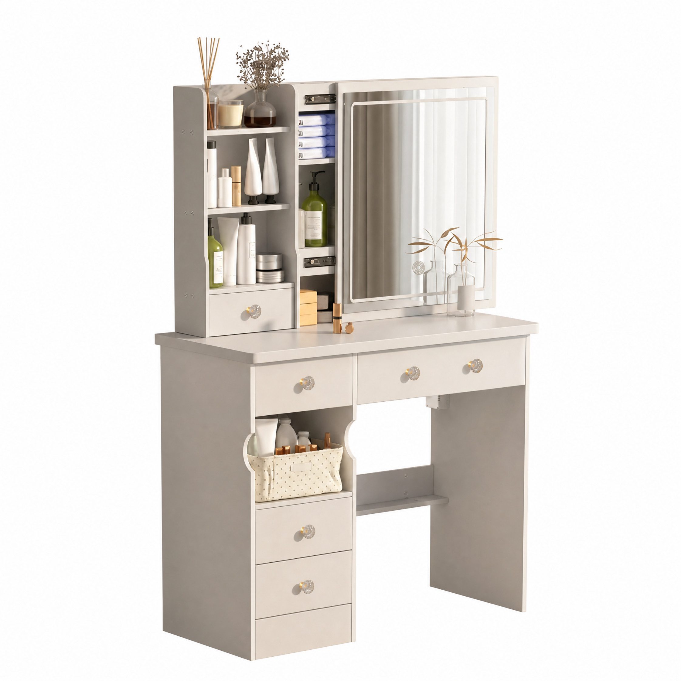 Rhein Beleuchtung Schminktisch Schminktisch Holz mit LED Spiegel & Beleuchtung (Set, 1-St., 90x40x135, Weiß, Schiebespiegel, Föhnhalter, MDF), USB, dimmbar, 5 Schubladen, versteckter Stauraum