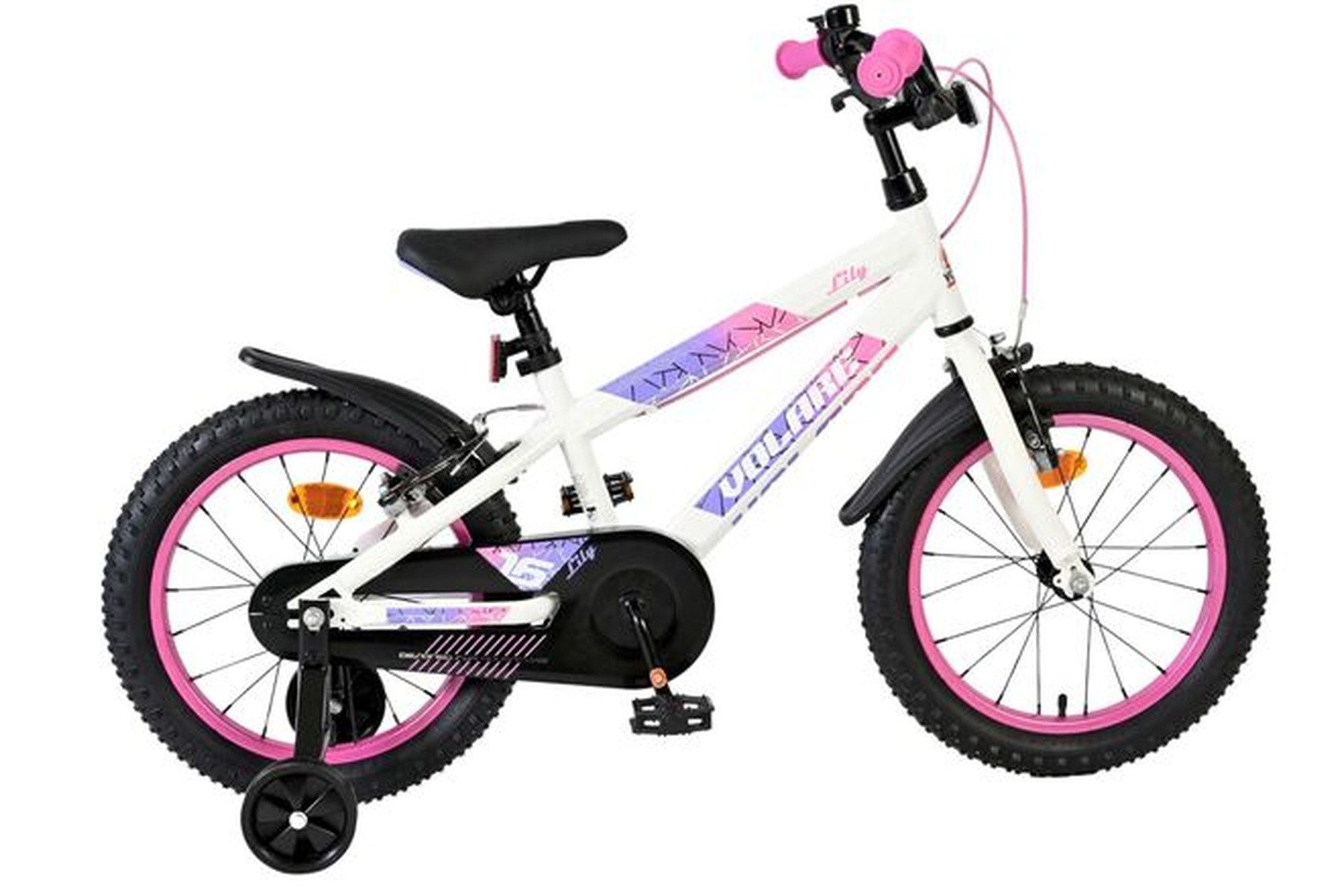 Volare Kinderfahrrad Lily 16 Zoll für Mädchen Weiß/Rosa/Lila - zwei Handbremsen, Luftreifen, Abnehmbare Stützräder, Geschlossener Kettenschutz, Klingel