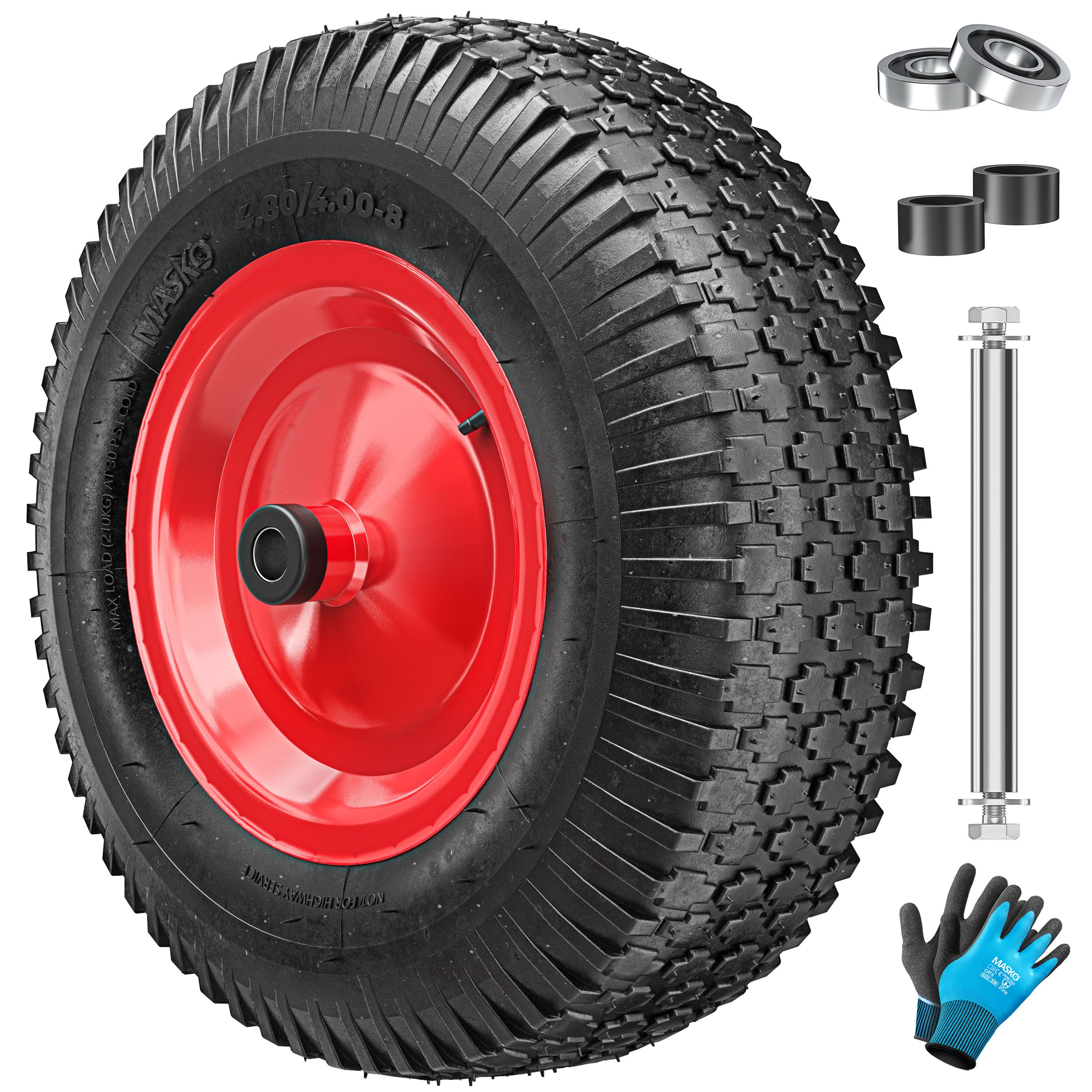 MASKO Schubkarren-Rad Air Luftbereifung 250kg Traglast (Luft-Rad mit Stahlfelge, Handschuhen & Karbonstahl-Kugellager), Ersatzrad für Schubkarre & Gartenkarre pannensicheres Reifen