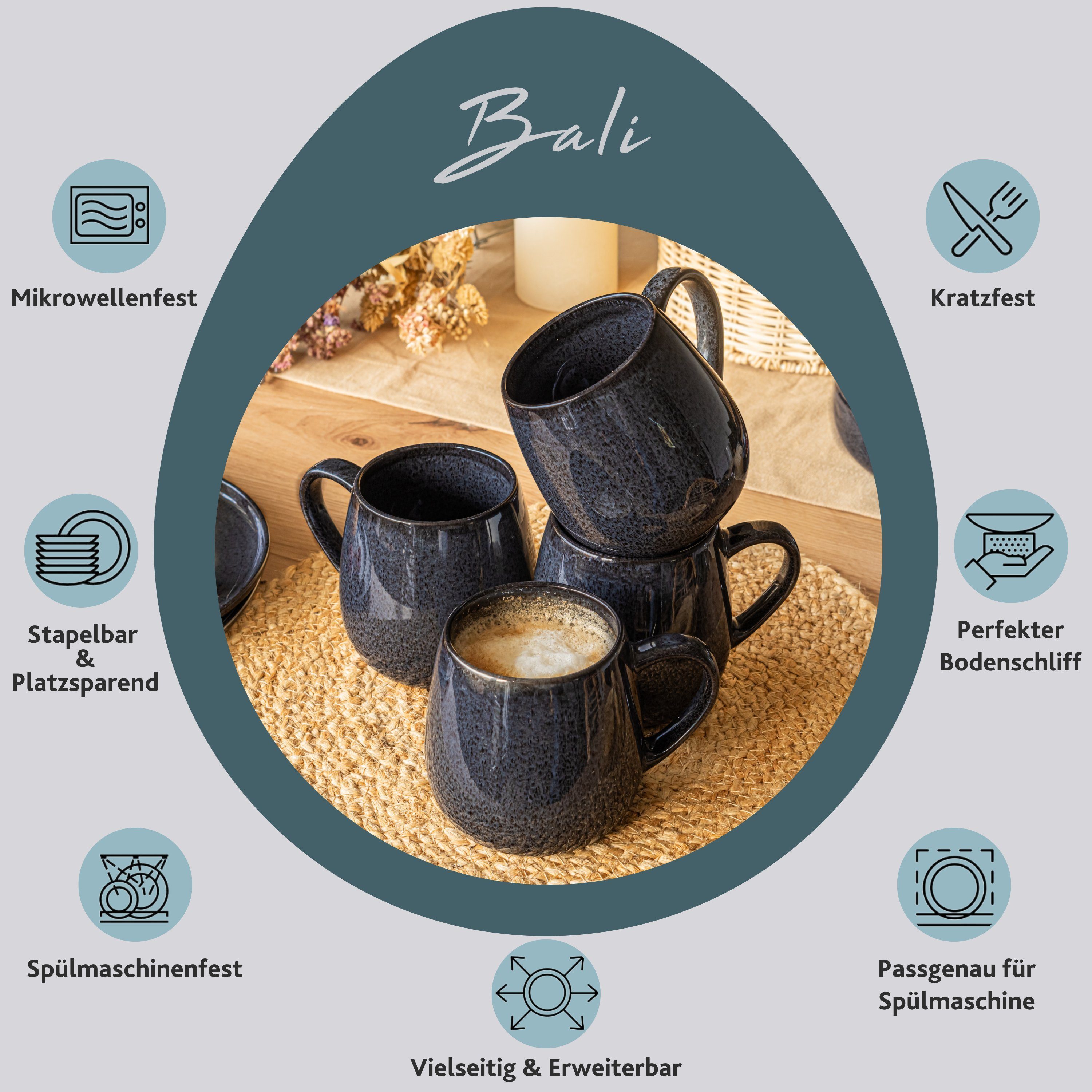 Kaffeeebecher (4-teilig), dunkler Handmade Steingut, Dunkelgrau SÄNGER Maserung, Becher mit Set Bali