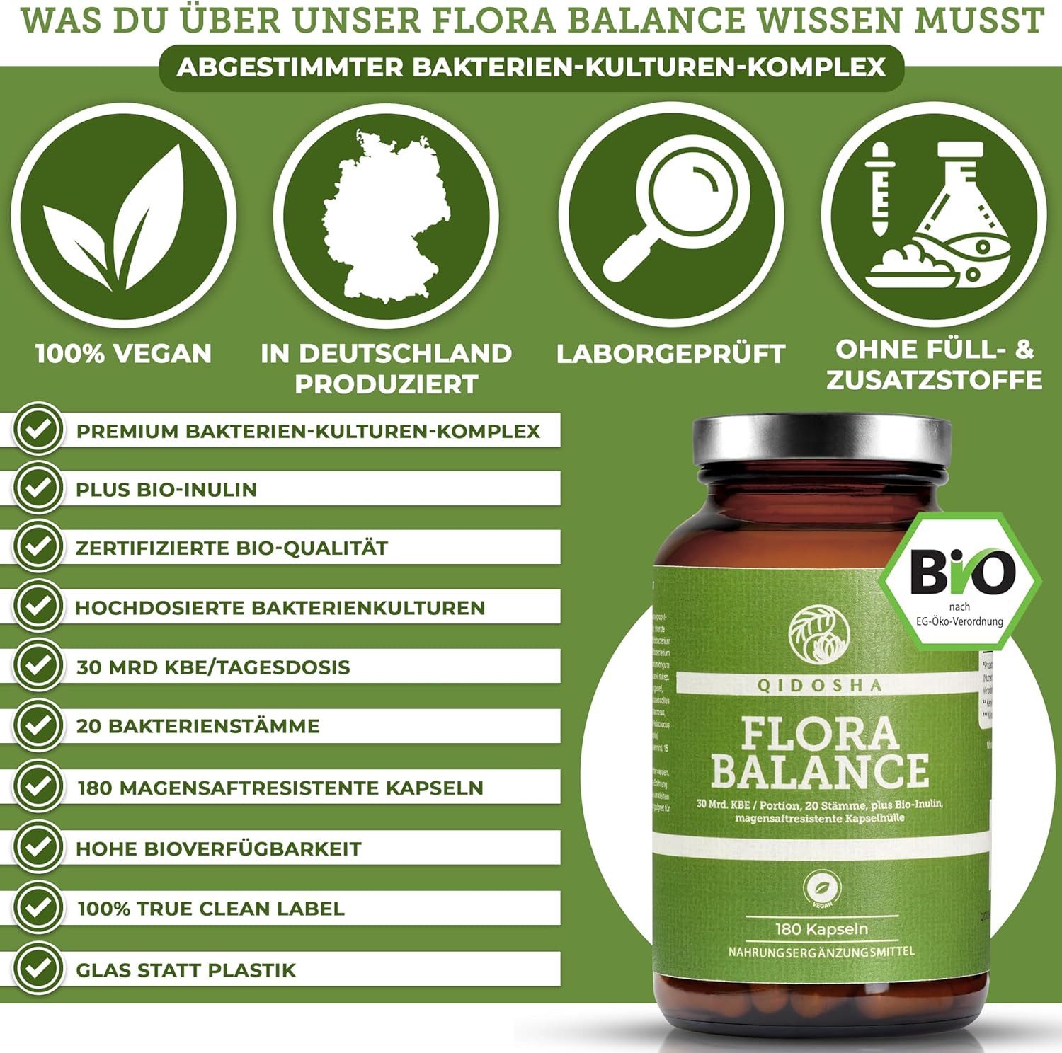QIDOSHA FLORA BALANCE Bakterien-Kulturen-Komplex Kapseln, 180 St., 91.6 g, 20 Bakterienstämme mit Bio-Inulin