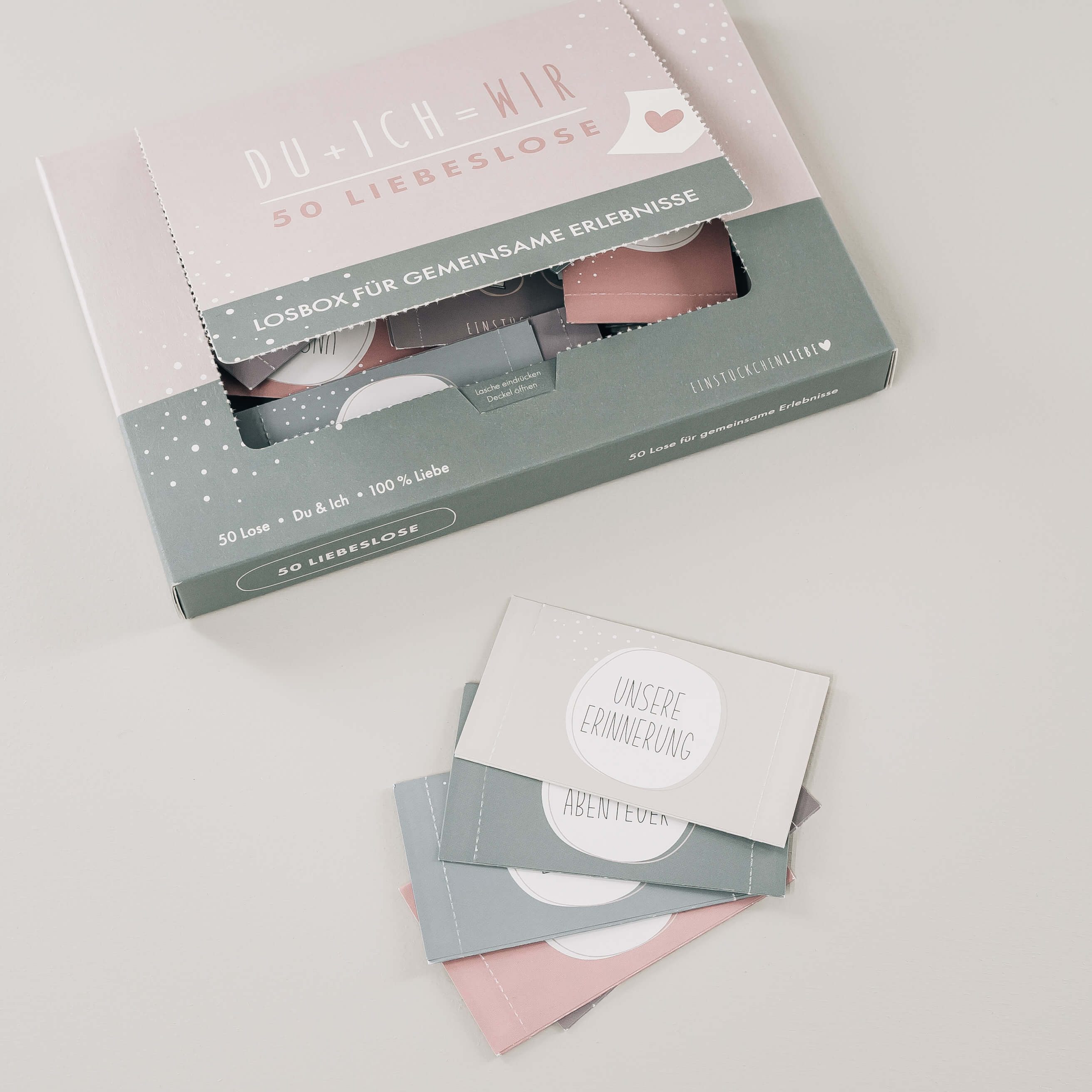 hellomini Spielesammlung Losbox für Paare Du+Ich=Wir, Pärchenspiel, Familienspiel, 50 Lose zum Thema Liebe Beziehung Aktivitäten in Box