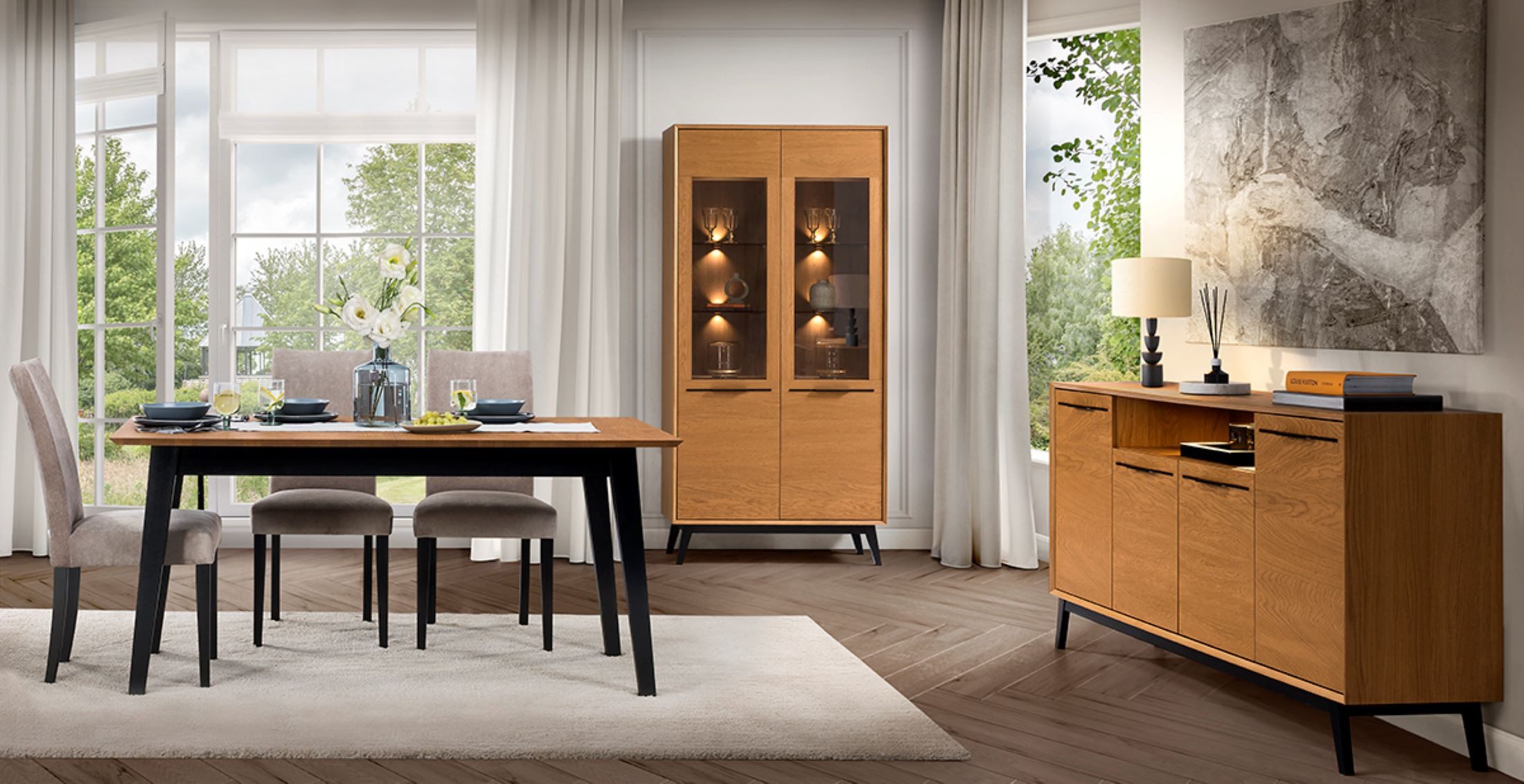 99rooms Essgruppe Lindau, (Set (3-St), Esszimmerset), Modern Design, mit LED-Beleuchtung, Soft-Close, aus Massivholz